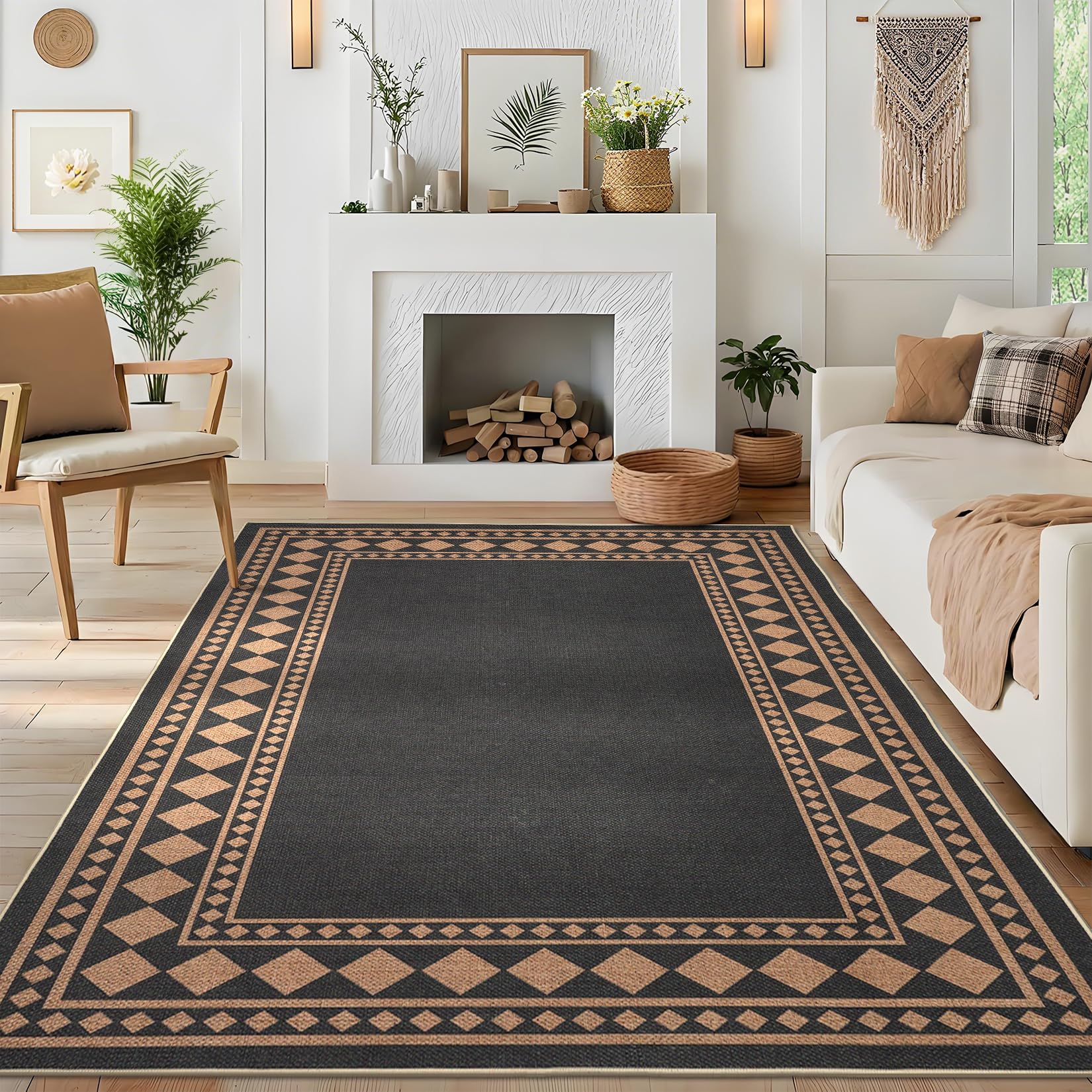 Garvee Modern 8x10 Area Rug Soft Black Coffee Printed Thin Carpet for Bedroom and Living Room, Durable Stain-Resistant Low Pile, Non-Slip Backing