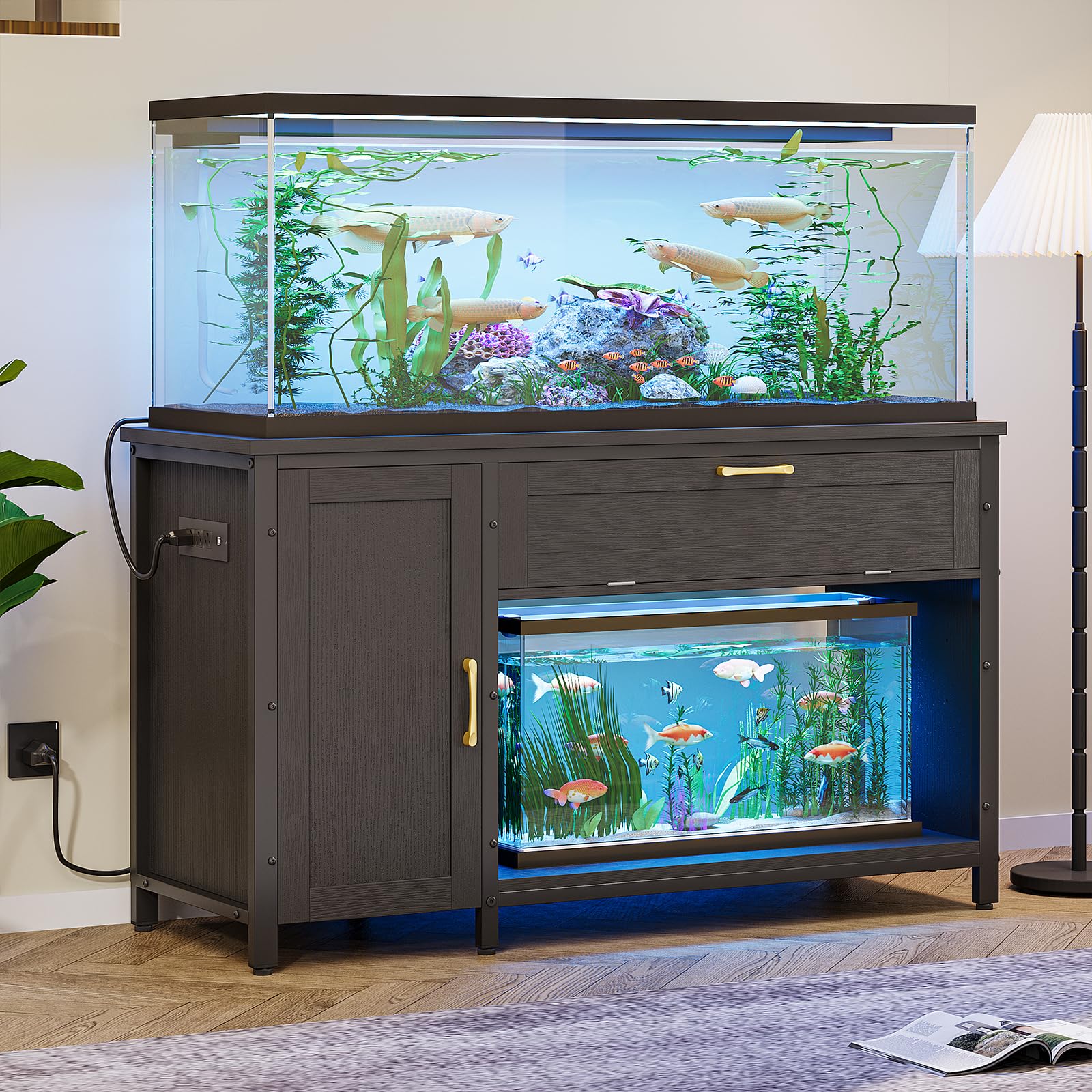Bestier 55-75 Gallon Fish Tank Stand with Power Outlet&LED Light, 49x19 Heavy-Duty Metal Aquarium Stand with Cabinet&Drawer for Accessories Storage, S