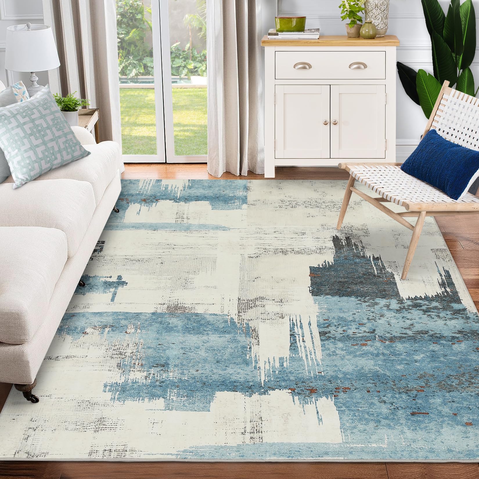 Garvee Modern Abstract Beige Blue Area Rug, 8x10 Stain Resistant Washable Floor Mat, Non-Shedding, Non-Slip Backing Carpet for Living Room Bedroom Din