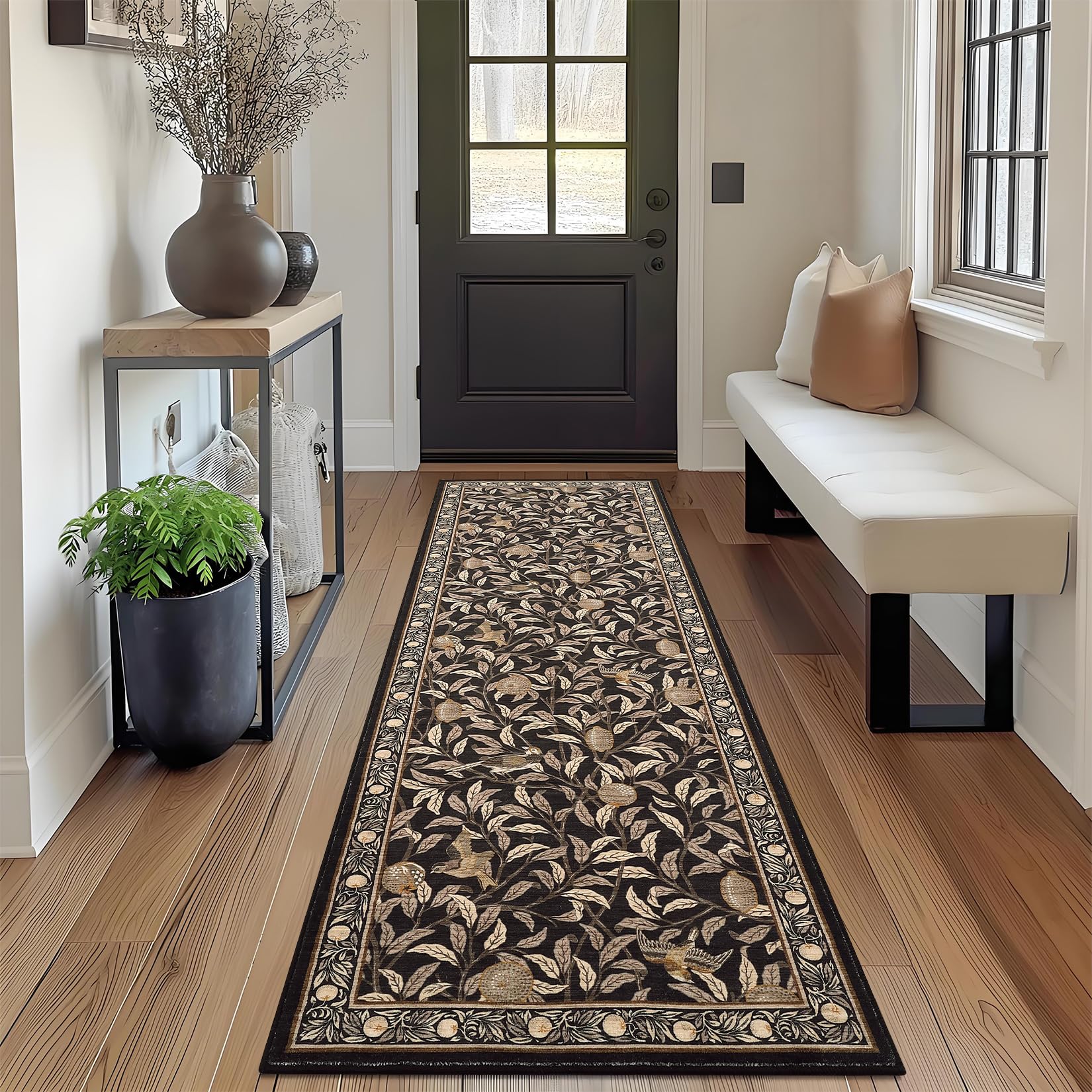 Garvee 2x6 Kitchen Rug Washable Non Slip Botanical Leaf Print Soft Throw Carpet for Hallway Bathroom Living Room, Brown