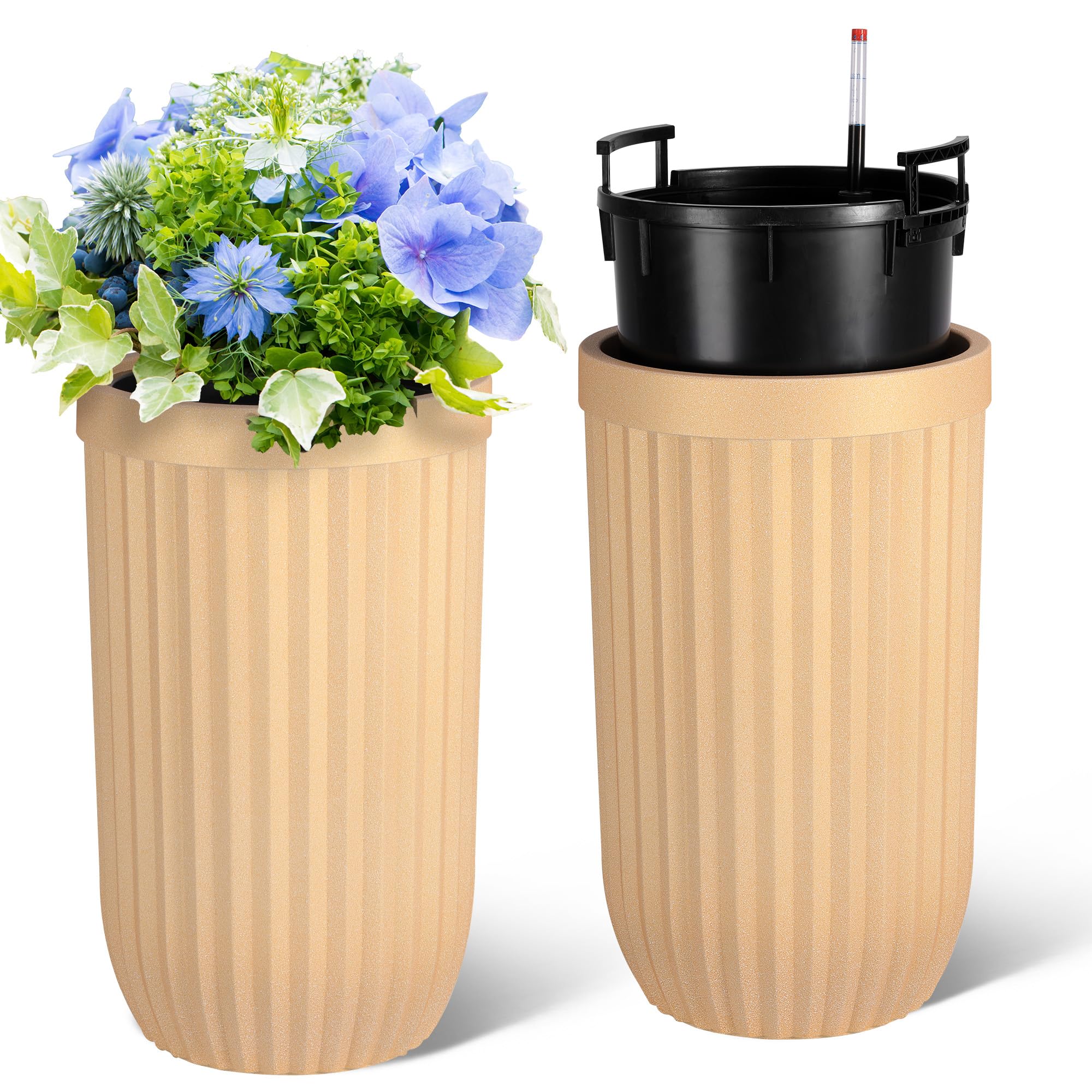 Garvee 23" Tall Self-Watering Planters Set of 2 with Water Level Monitor & Hidden Wheels - Ideal for Living Room, Office, Patio, Garden, Gold