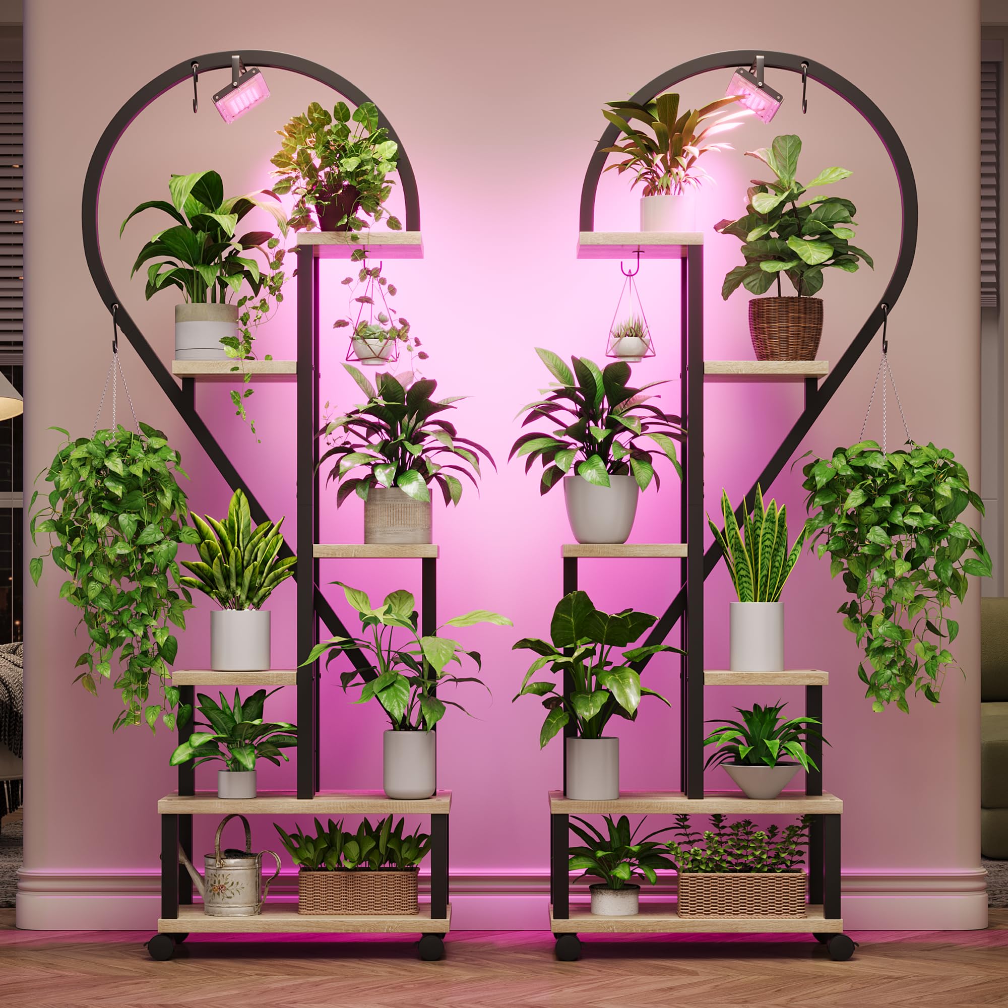 Bestier Plant Stand Indoor with Grow Lights, 6 Tiered Metal Plant Shelf for Indoor Plants Multiple, Half Heart Shape Plant Rack with Wheels, Large Pla