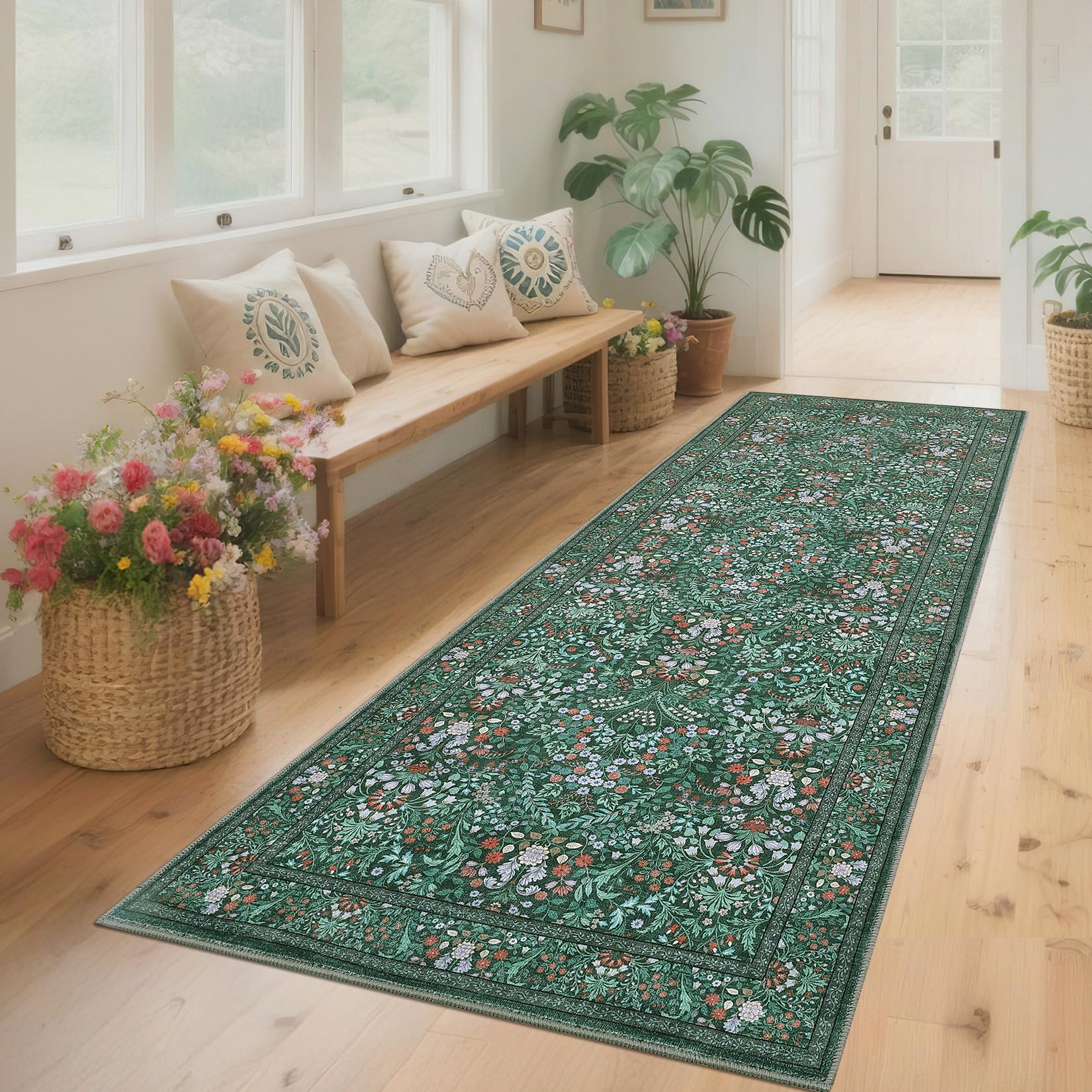 Garvee Washable 2x6 Runner Rug Floral Kitchen Non Slip Low-Pile Boho Carpet Green for Hallway Nursery Office Dining Room Entryway