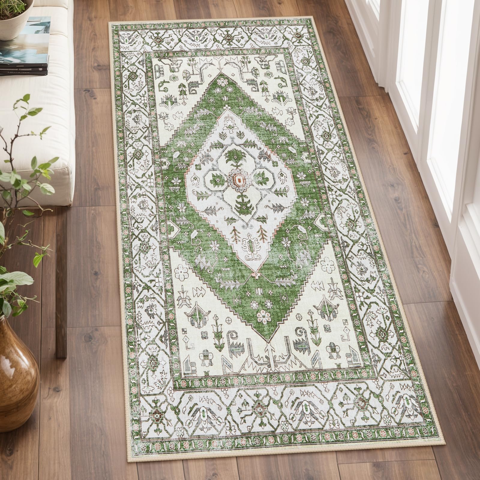 Lahome Boho Washable Hallway Runner Rug - 2x4 Rugs for Bedroom Non-Slip for Entrance (Green, 2'x4') 2' x 4' (Rectangular) Green