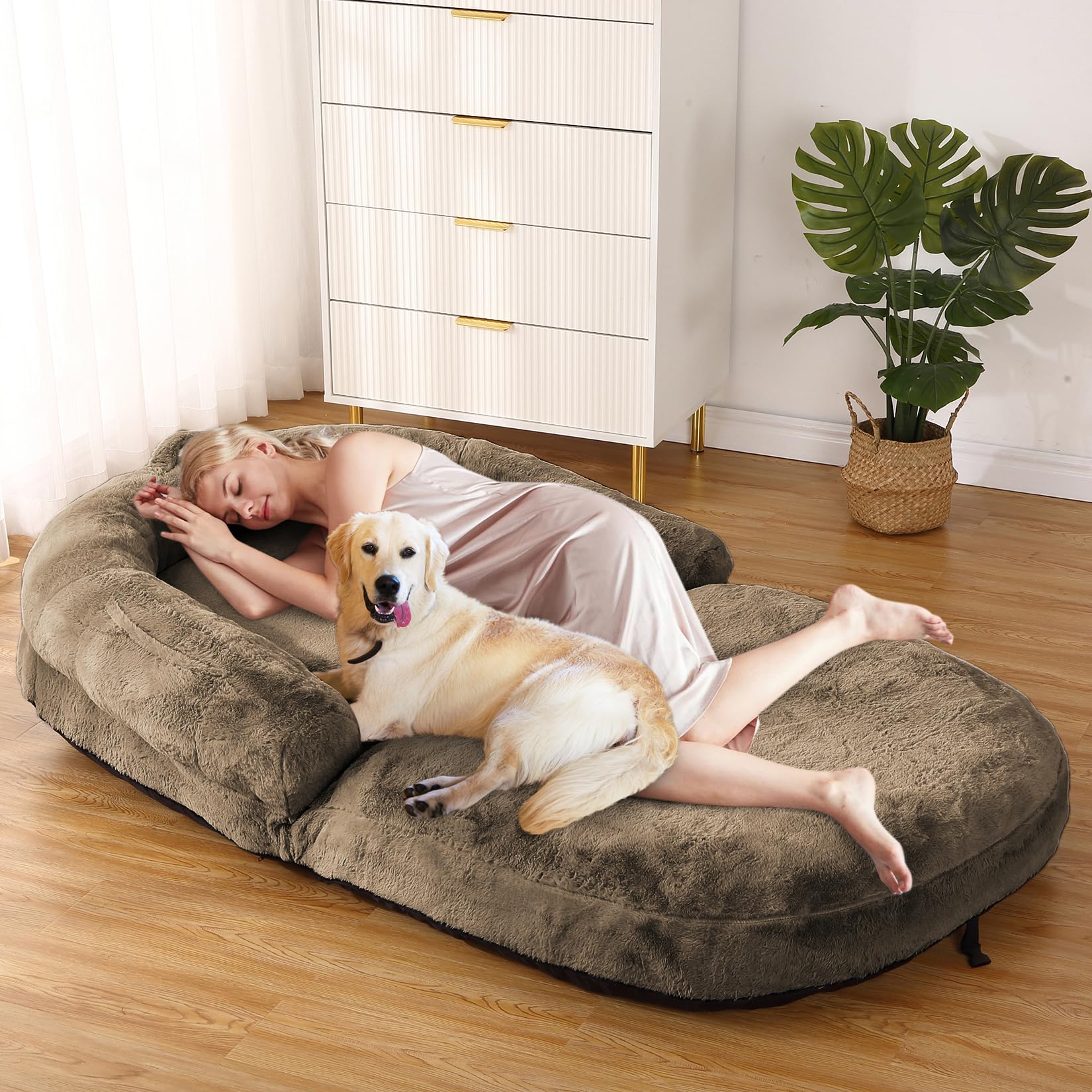 Garvee Human Size Dog Bed for Adults, Foldable, 71"x43"x10", Washable Faux Fur Cover, Non-Slip, Portable, Ideal for Napping, Brown
