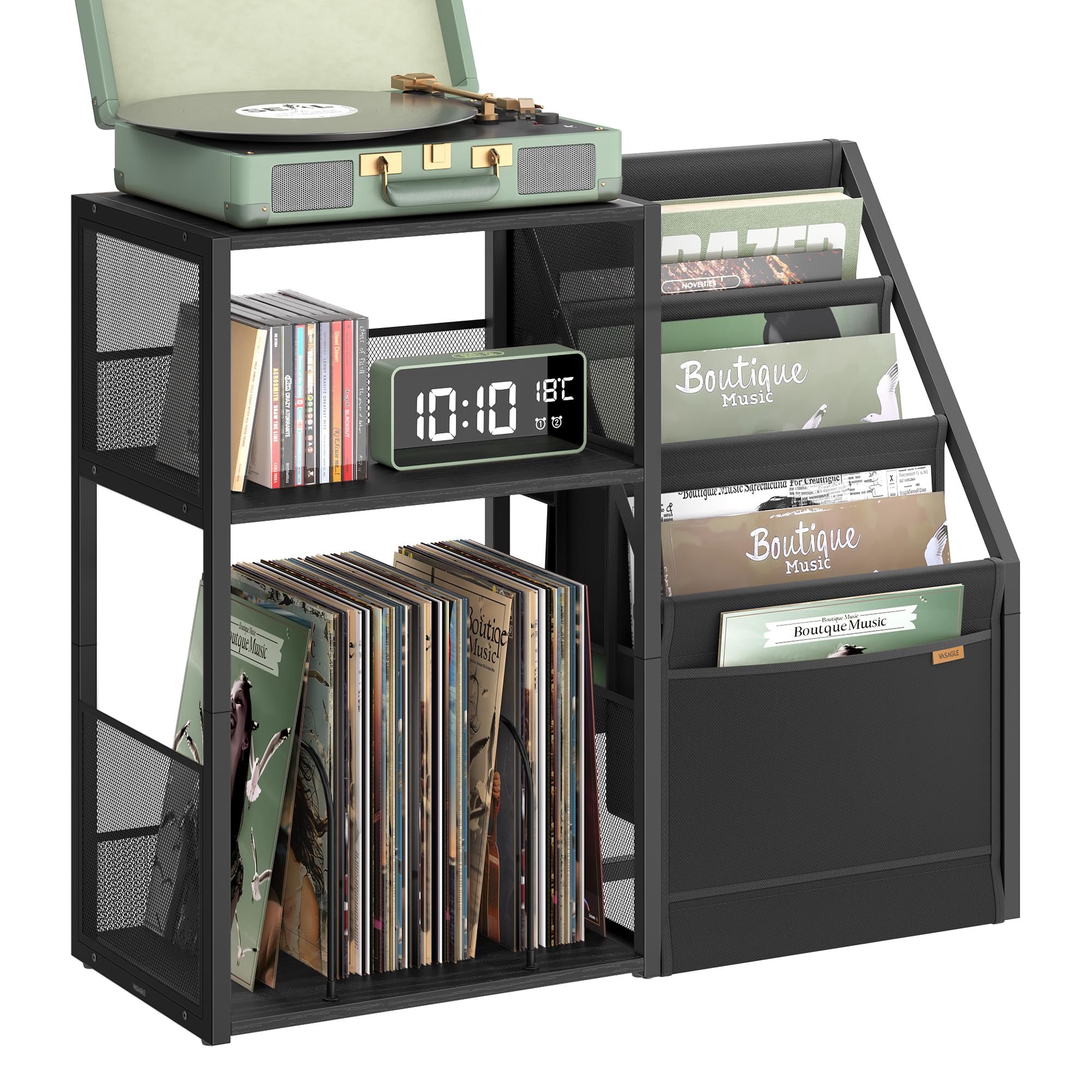 VASAGLE Record Player Stand, 3-Tier Side Table, Vinyl Record Storage up to 140 Albums, End Table for Living Room, Bedroom, Ebony Black ULET276B01 Ebon