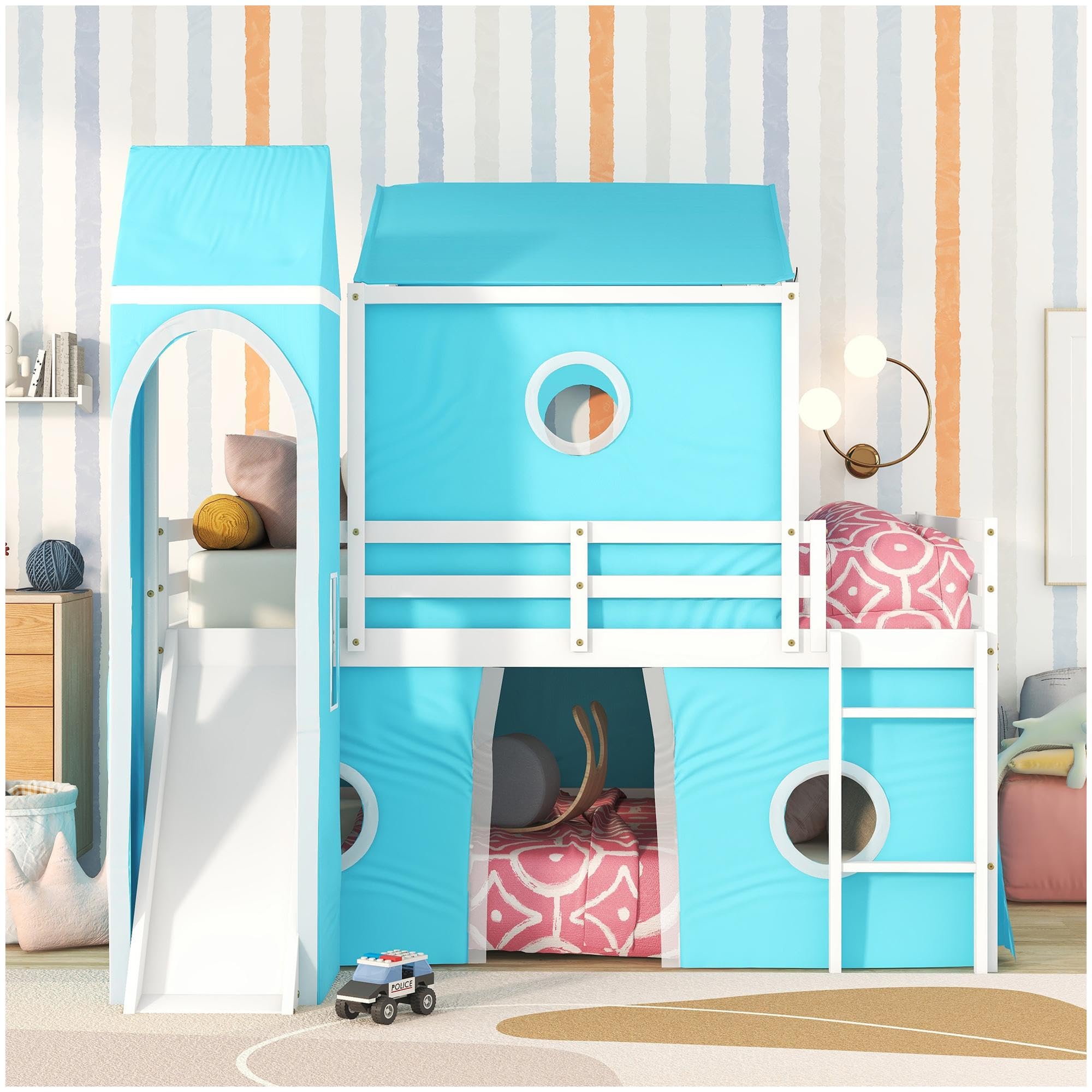 Garvee Full Size Loft Bed with Slide, Tent, and Tower - Solid Pine Wood Kids and Teens Bedroom Furniture, 93.8"L x 41.9"W x 74.8"H, Natural Wood Color
