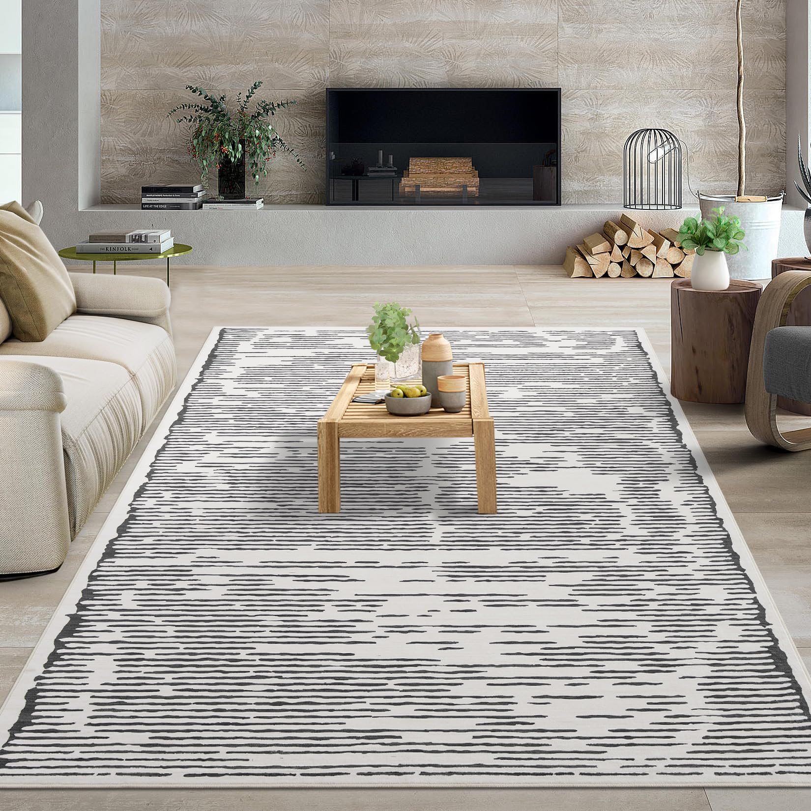 Garvee Rugs for Living Room 5x7 Washable Modern Stripe Carpet Non Slip Soft Rubber Backed Rug Beige Gray