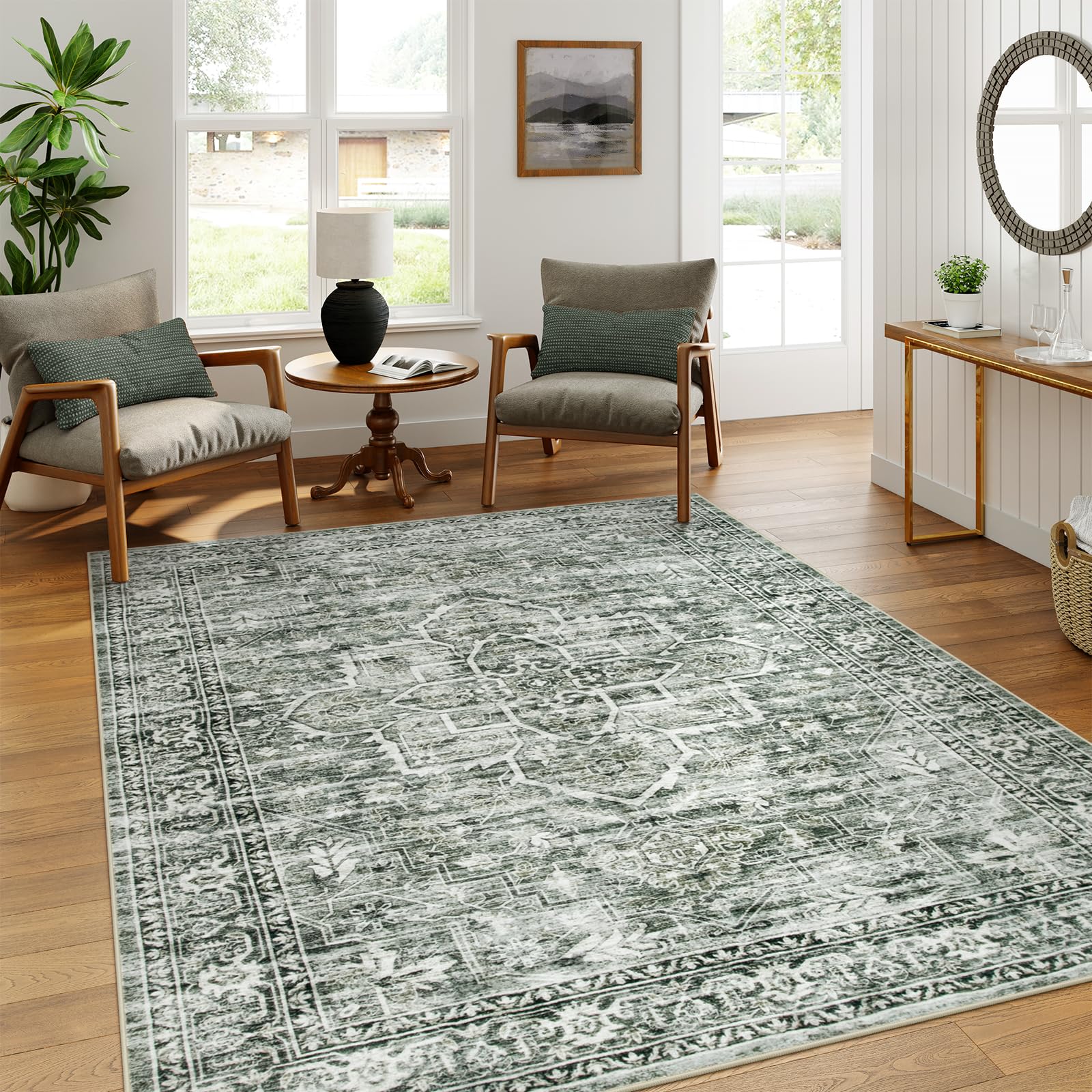 Lahome Oriental Washable Rugs 5x7,Soft Green Rugs for Bedroom Aesthetic,Ultra Thin Living Room Carpets, Boho Non Shedding Dining Room Rug for Under Ta