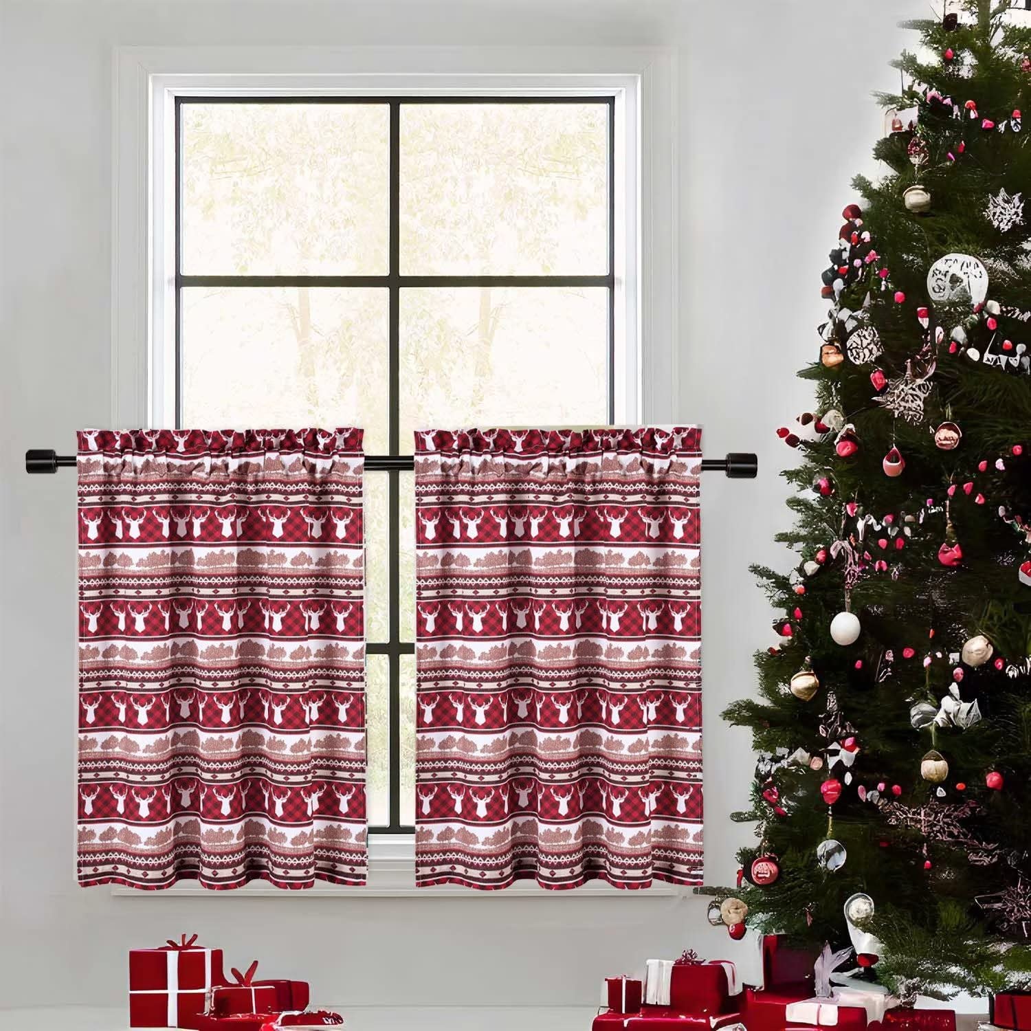 Garvee Christmas Kitchen Curtains, Red Canvas Christmas Deers Cafe Curtains, 2 Panels 27.5" W x 30" L Rod Pocket Thermal Insulated Room Darkening Shor