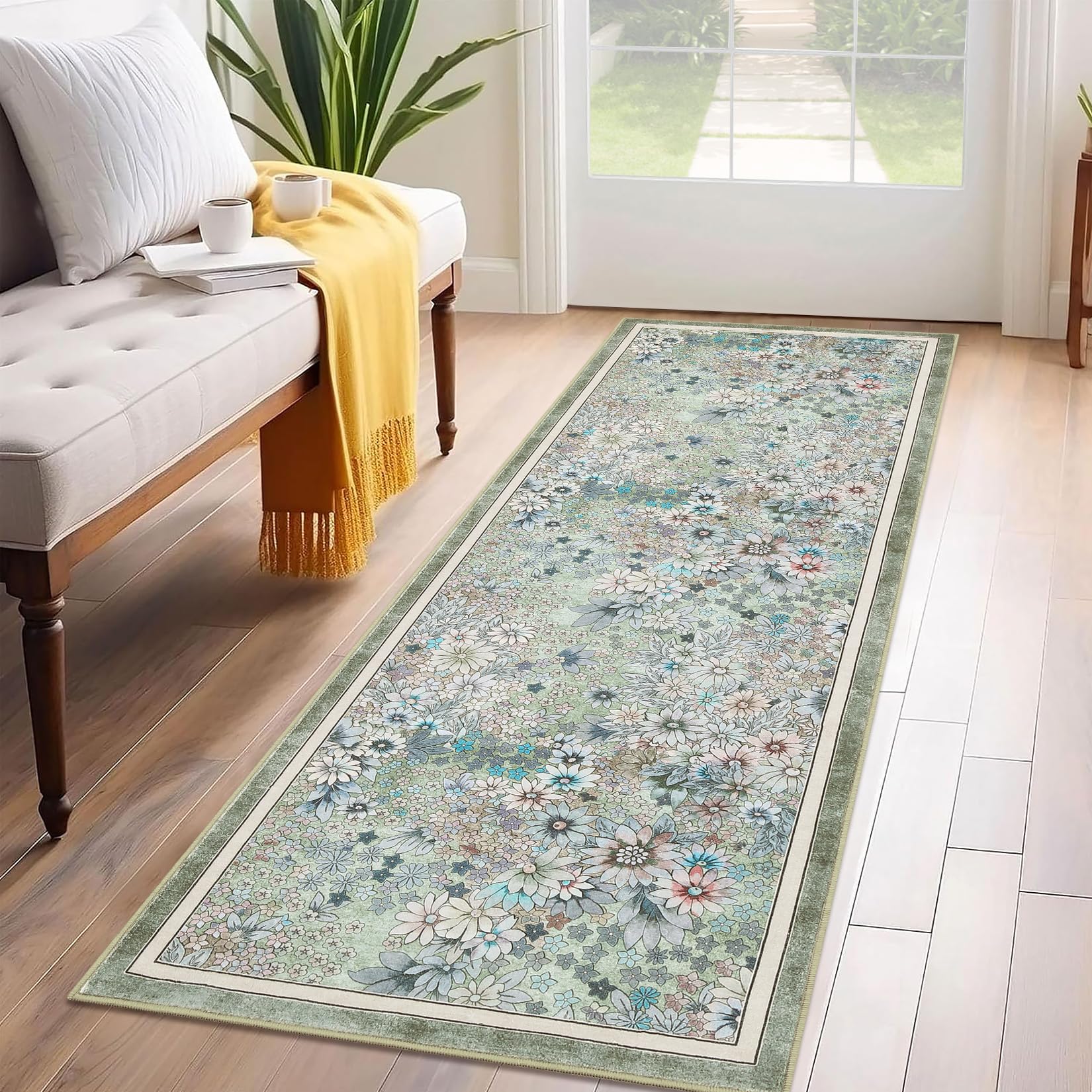 Garvee 2'x6' Runner Rug Non Slip Washable Floral Carpet for Hallways Kitchen Laundry Bedroom Bathroom Green