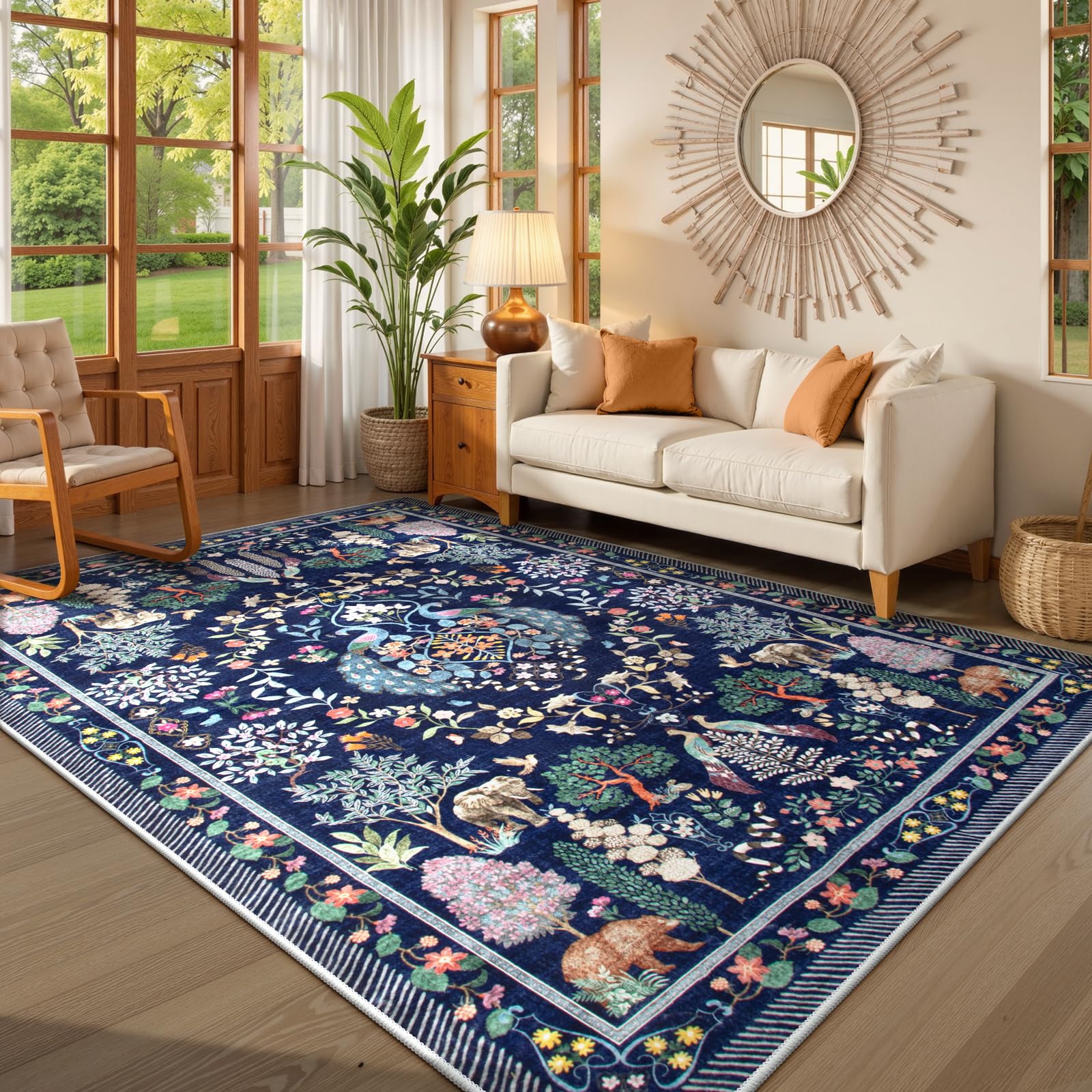 Lahome Blue Area Rug for Living Room, Vintage Machine Washable 5x7 Rug Colorful Soft Bedroom Rug, Botanical Non-Slip Low Pile Stain Resistance Large C