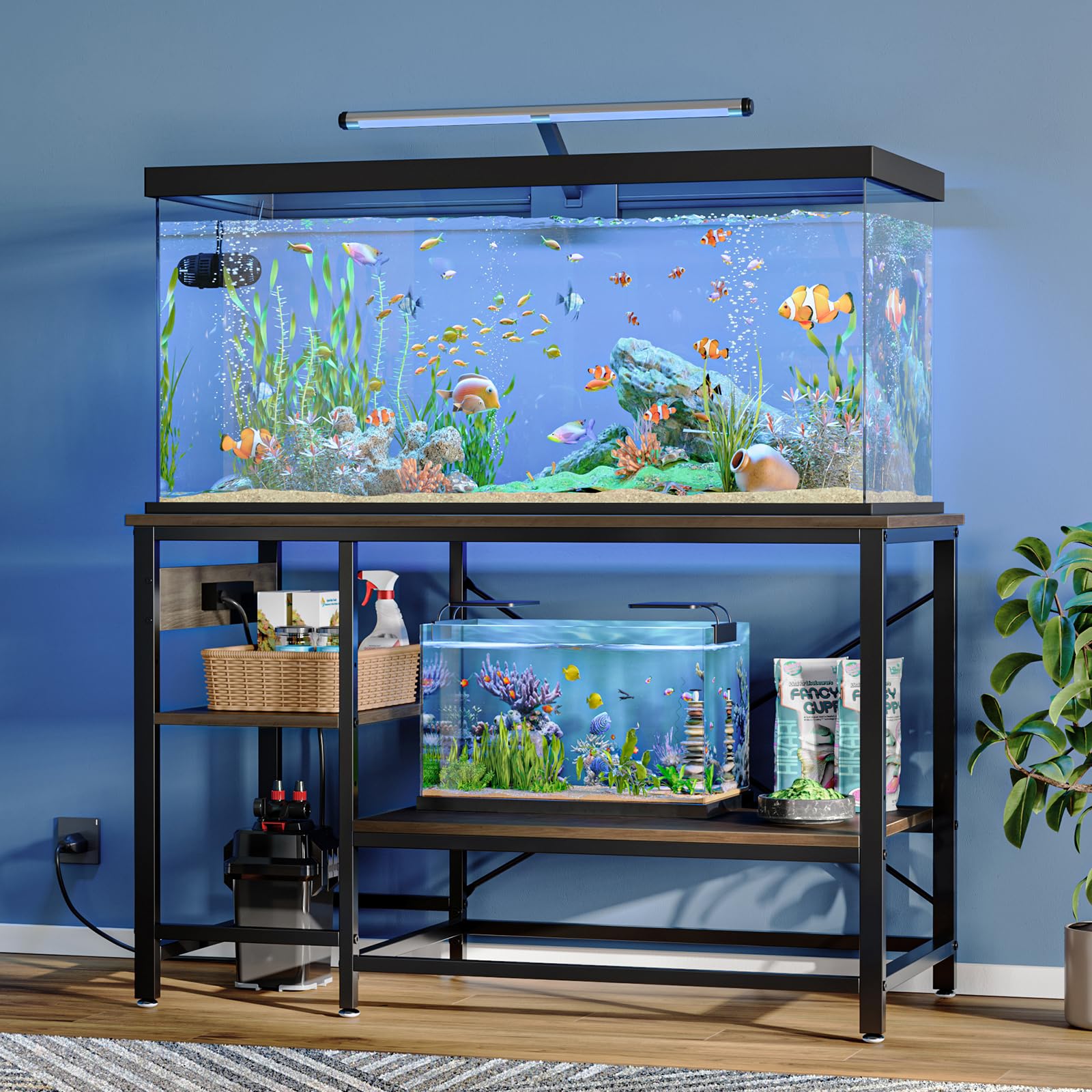 55 Gallon Fish Tank Stand with Charging Station, 49.2x13.8 Metal Aquarium Stand with 3-Tiers Adjustable Storage Shelves, 6-Legs Reptile Terrarium Stan