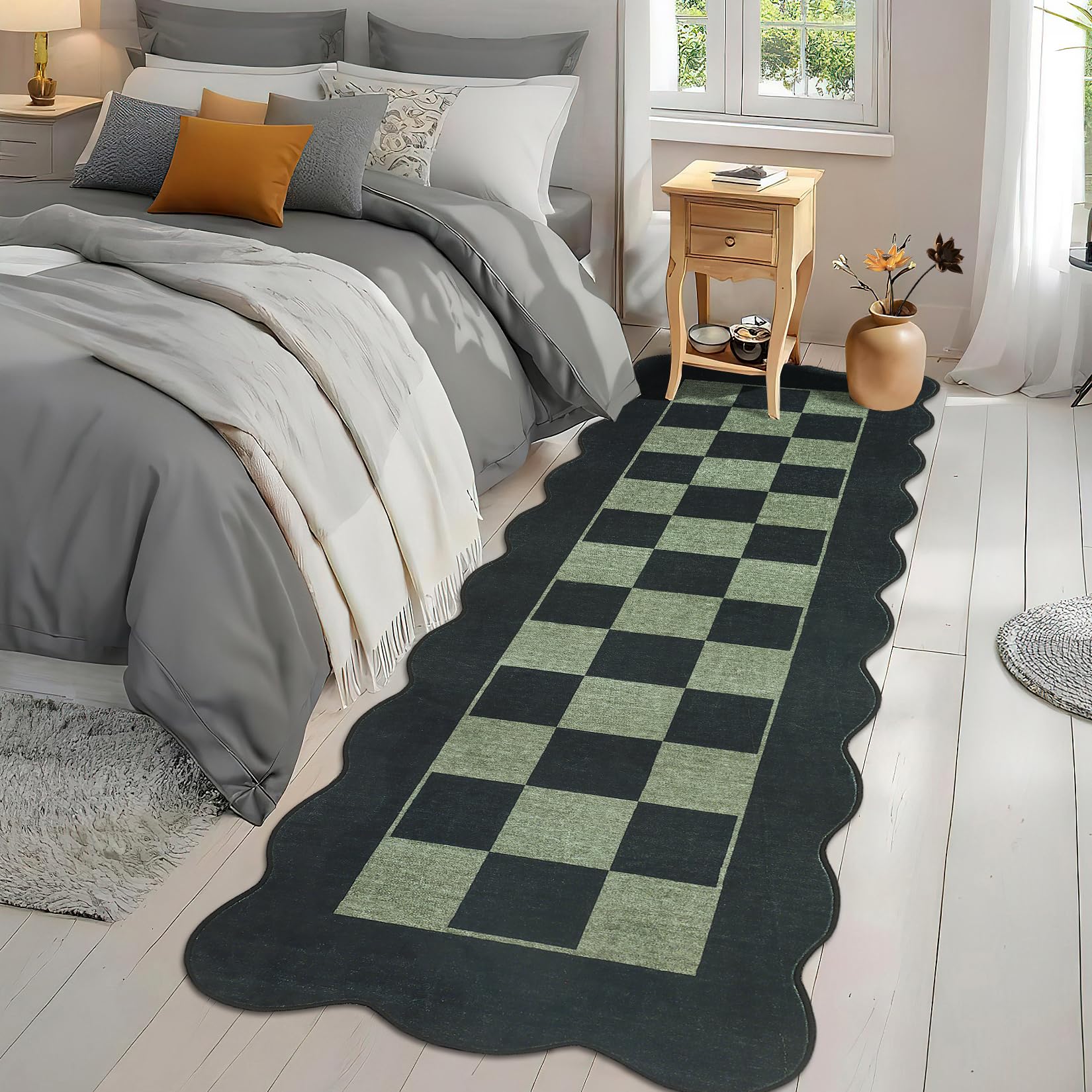 Garvee Runner Rugs Non Slip Hallway Rug 2x6 Washable Modern Scalloped Carpet Black and Green