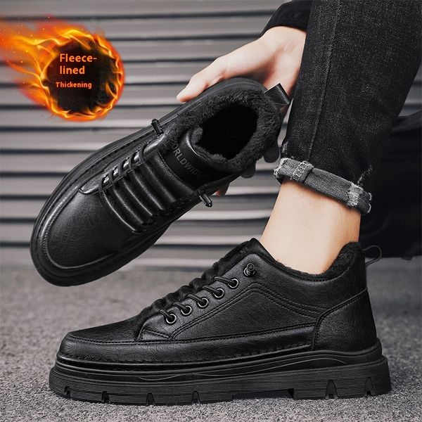 Winter Warm Black Board Solid Color Simple Low Top Plush Men&#039;s Leather Casual Set Sneakers Sports Shoes