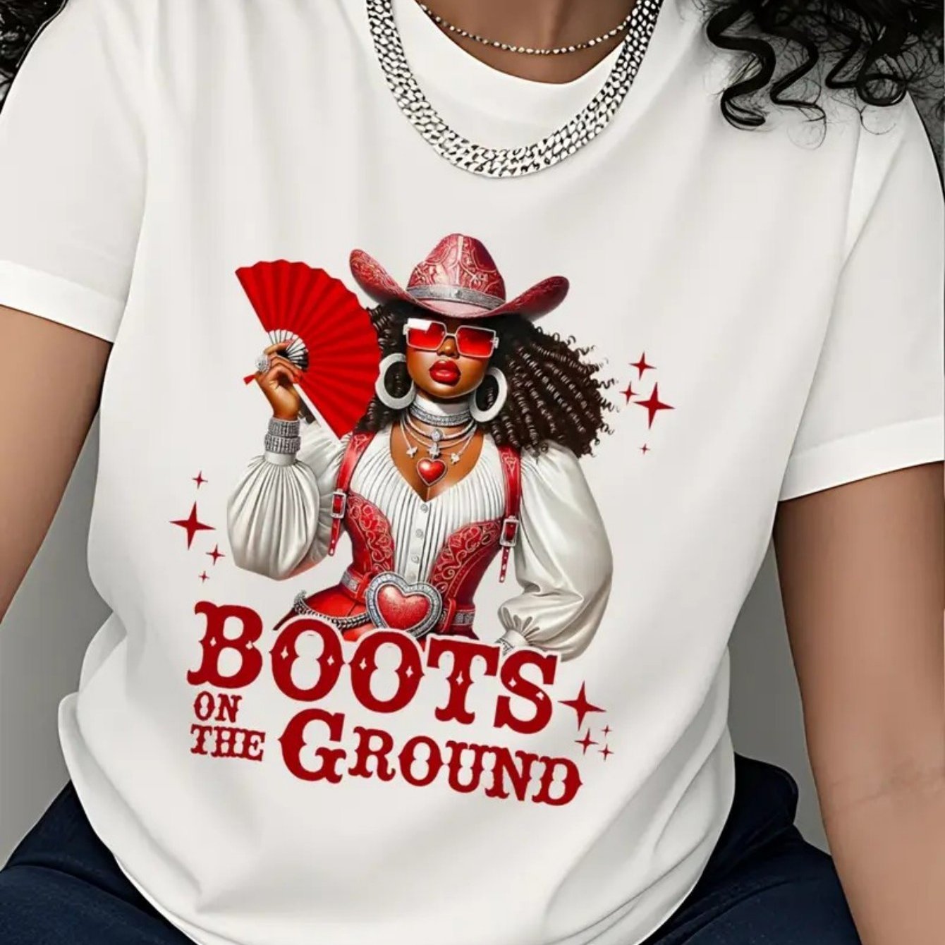 TEMU Women' Cotton T-shirt With "boots On " Anime Graphic Print - Casual Short Sleeve Round Neck Tee For Summer Parties & Casual Attire, Ladies T