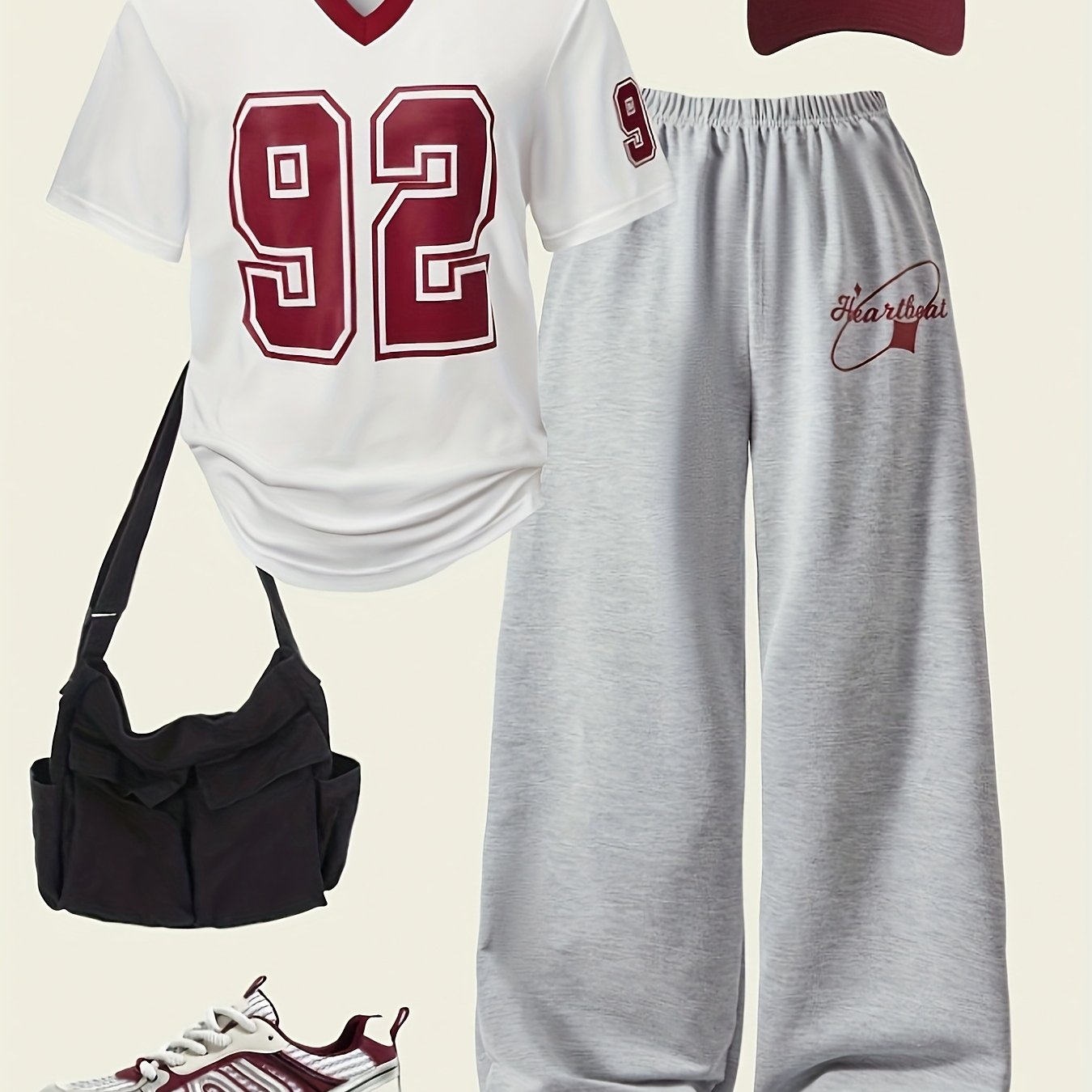 TEMU Women's Casual T-shirt & Jogger Pants Set - White With Red Number 92, Gray With "" Design, Perfect For Spring-summer, Jogging Pants