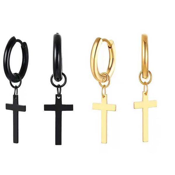 Dangle Chandelier Vintage Fashion Mens Jewellery Stainless Steel Earrings for Men Cross Charm Smooth Earring and Buckle Hip-hop Punk Party J
