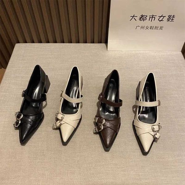 2024 Spring-Summer Fashion Cross with Pointed Toe Shallow Mouth Womens Street Style Belt Buckle Low HeelsC241122