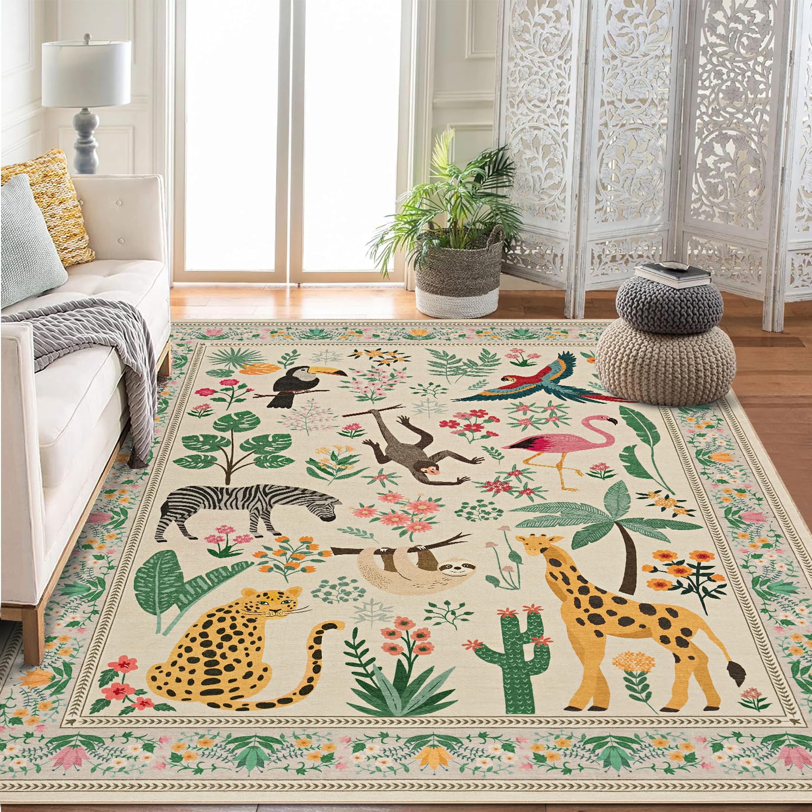 Garvee 9x12 Washable Animal Living Room Rug Non Slip Vintage Design Beige Large Soft Low Pile Carpet