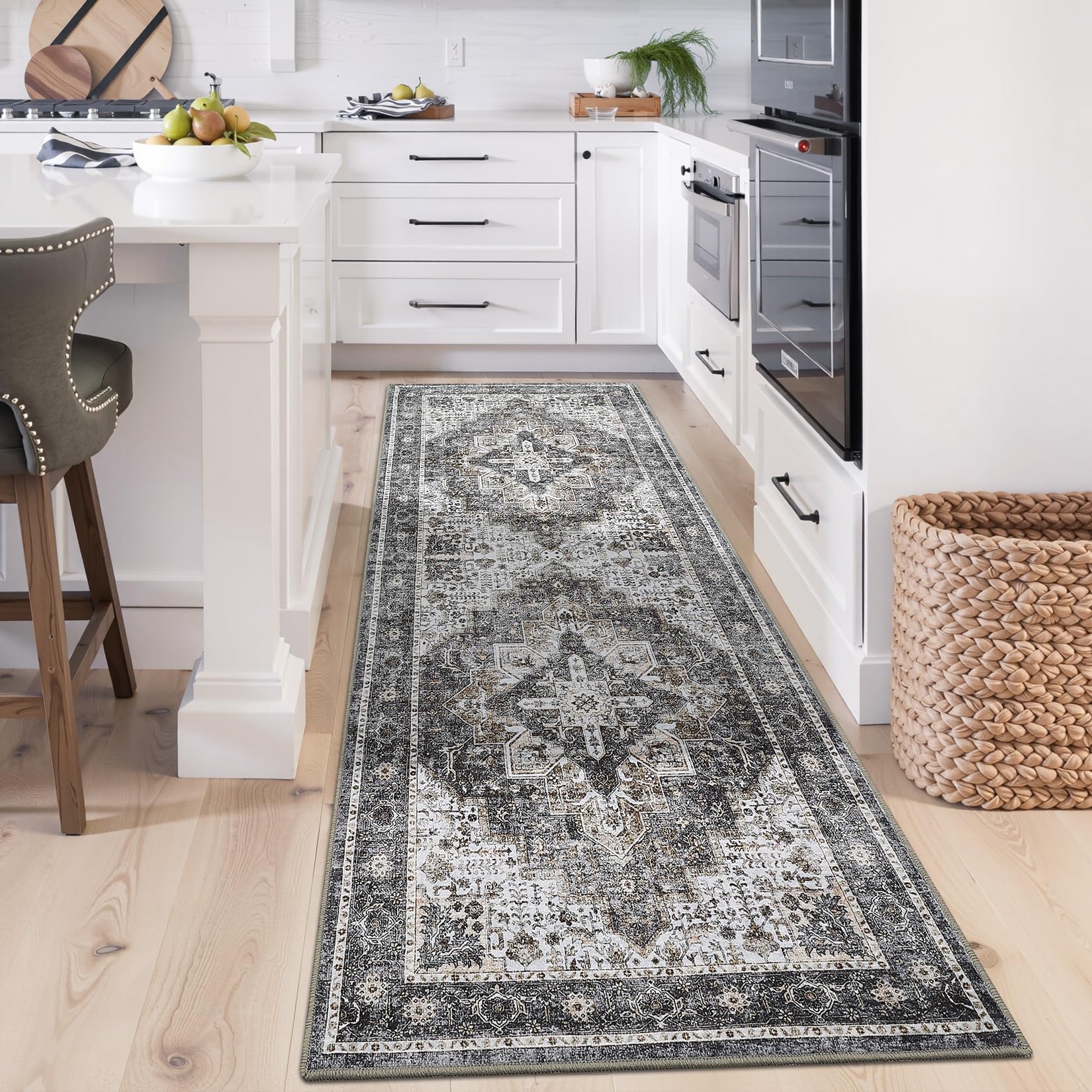 Garvee Floral Washable Runner Rug Non Slip Ultra Thin Indoor Carpet 2x6 Light Taupe