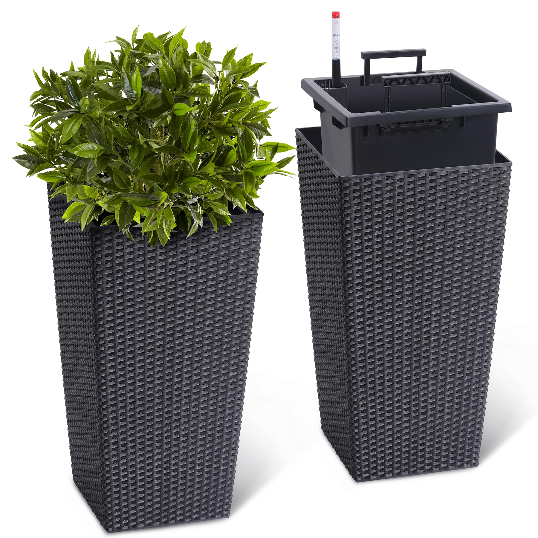Garvee 23" Tall Planters Set of 2, Outdoor＆Indoor Planter Pots, High Front Porch Planter Pots with Drainage Holes＆Water Level Monitor＆Inner Bucket, Au