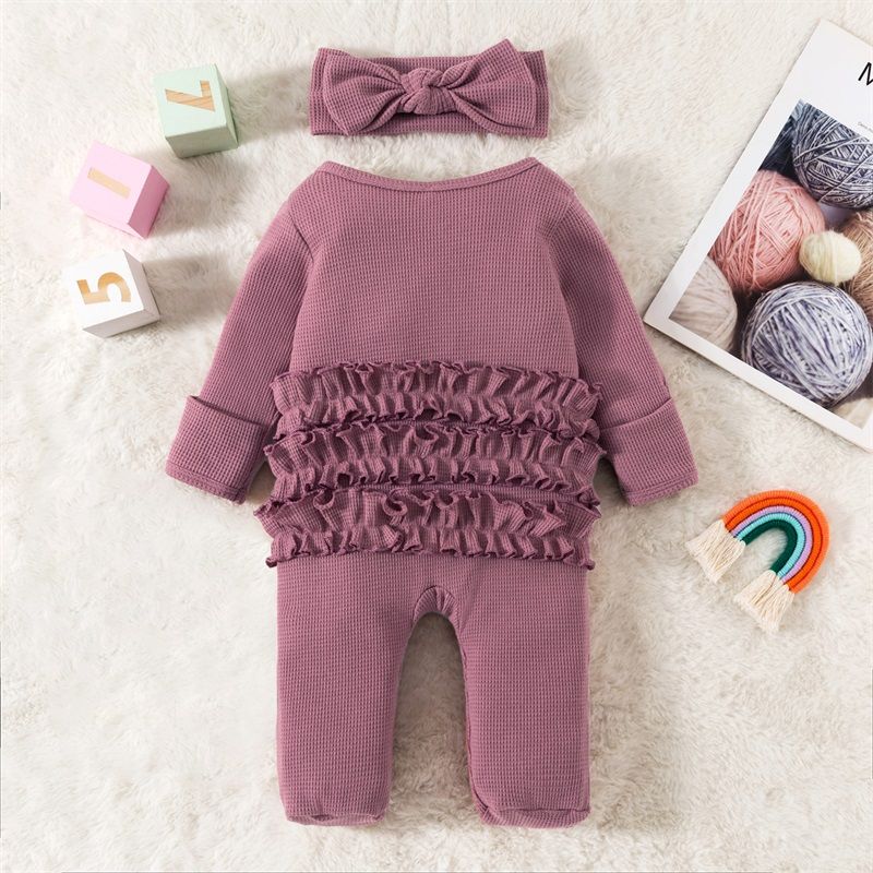 w472 Infant BabyGirl Footies Rompers Solid Color Long Sleeve Jumpsuits Winter Fall Clothes Bodysuits with Headband