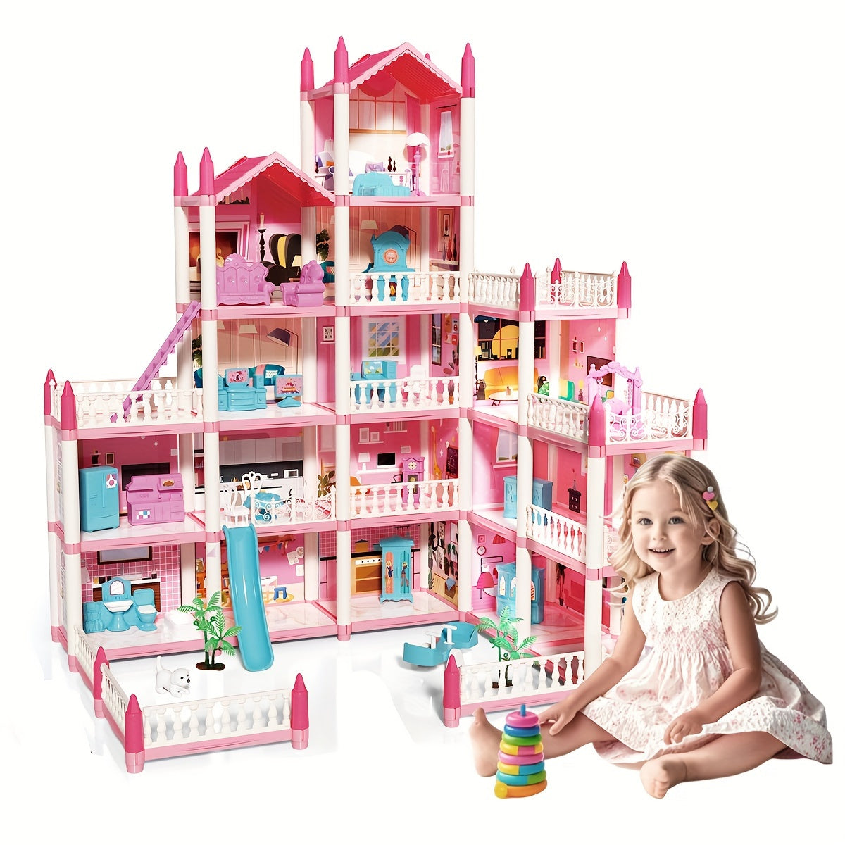 TEMU Doll House, Dollhouse For Girls Pretend-play Diy Dollhouse Kit - 4-story 11 Rooms Playhouse With 4 Dolls Toy Figures, Furniture And Accessories