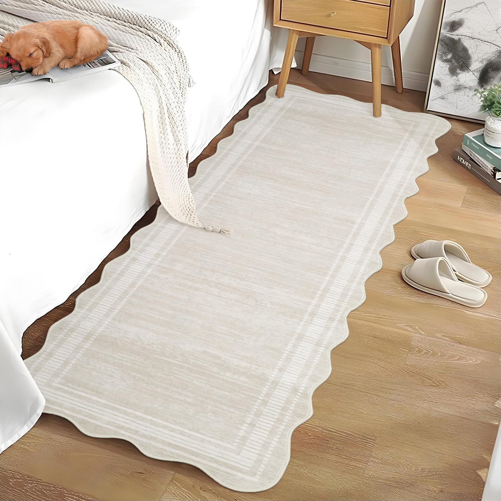 Garvee Modern Cream White 2x6 Washable Runner Rug Non Skid Stain-Resistant Scalloped Entryway Carpet for Kitchen Hallway Bathroom