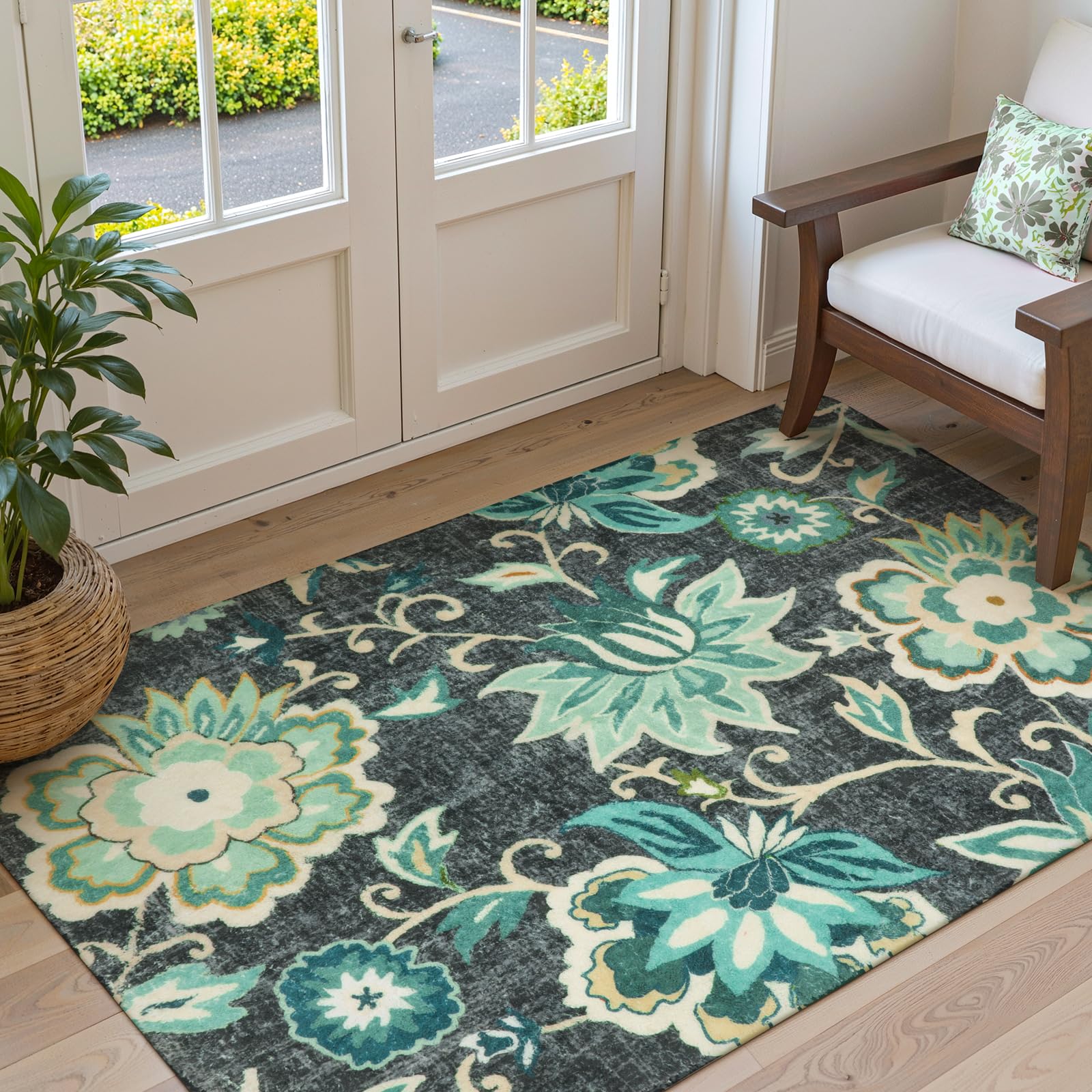 Lahome Floral Living Room Rug - 3x5 Area Rugs for Bedroom Machine Washable Non-Slip Throw Kitchen Entryway Rug Soft Paisley Print Distressed Floor Cap