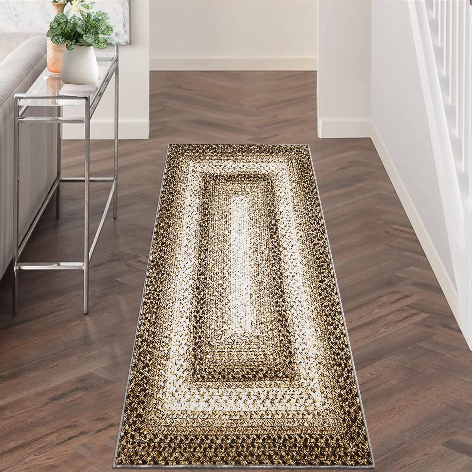 Garvee Bordered Taupe 2x8 Rugs, Braided Printed Hallway Runner Rug Washable Non Slip Boho Farmhouse Carpet