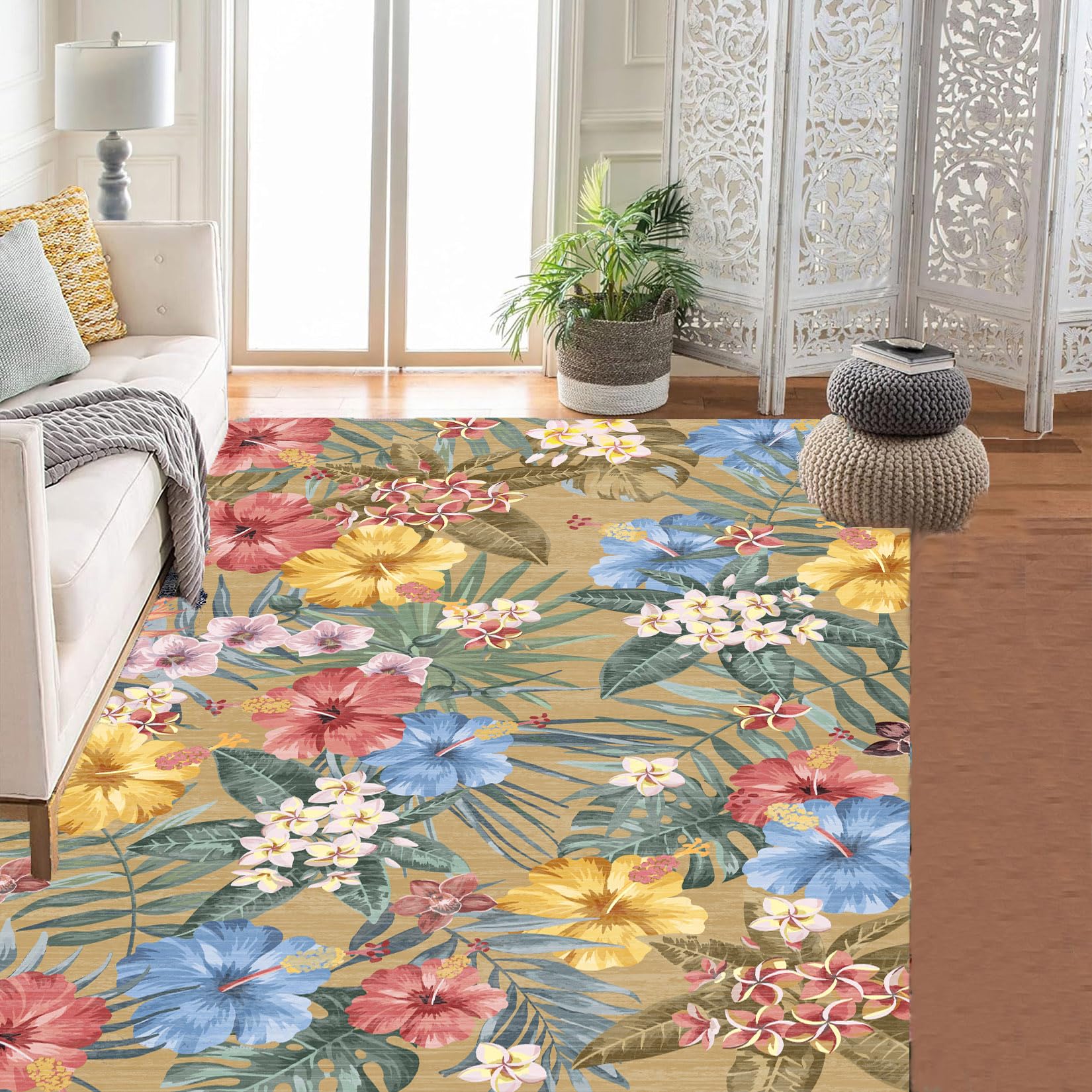 Garvee Bedroom Rug Washable Area Rug Non Slip Low Pile Boho Floral Carpet Brown 8x10ft
