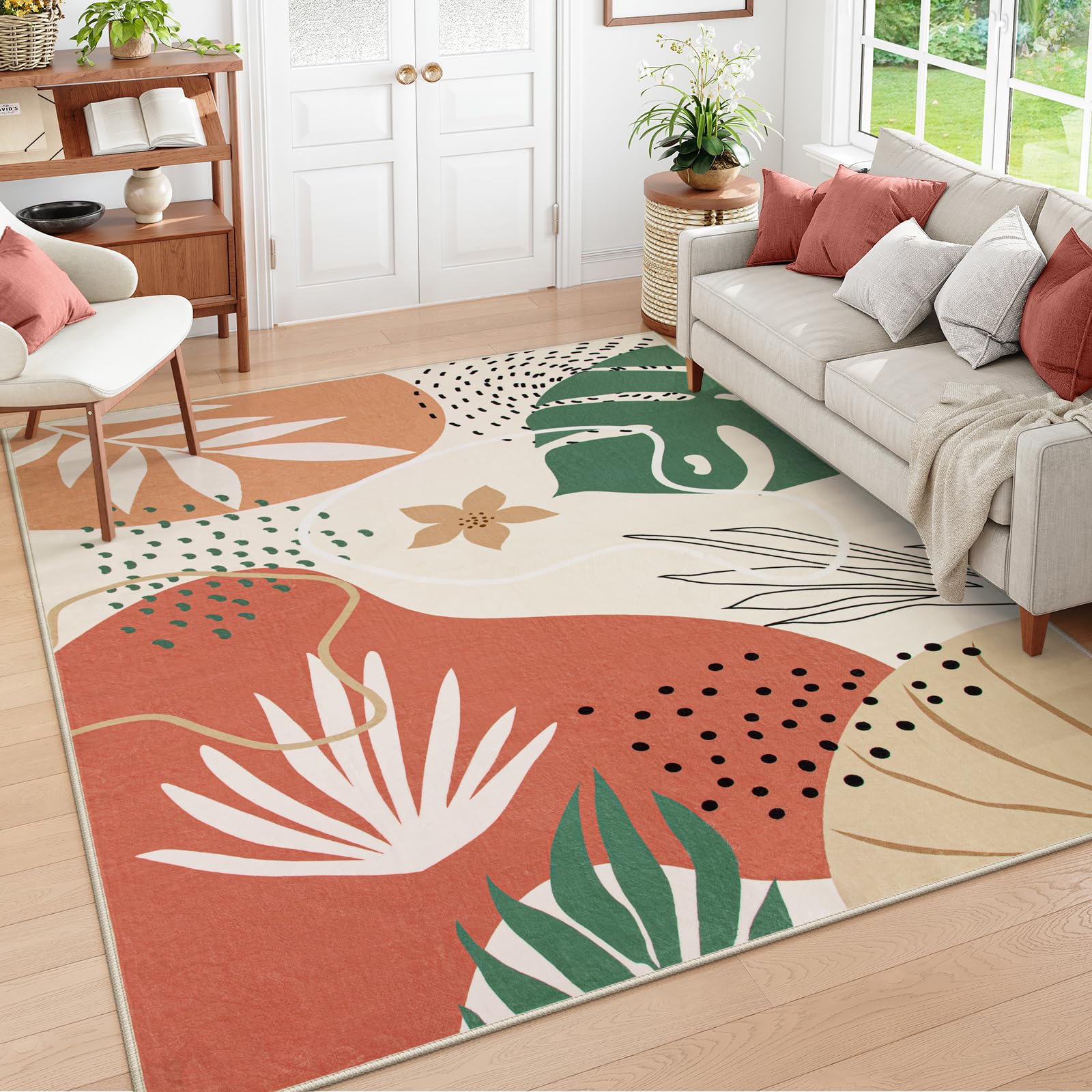 Lahome 5x7 Area Rug for Living Room, Washable Rugs 5x7 for Bedroom Soft Kids Nursery Carpet, Boho Botanical Print Non-Slip Low Pile Carpet for Office