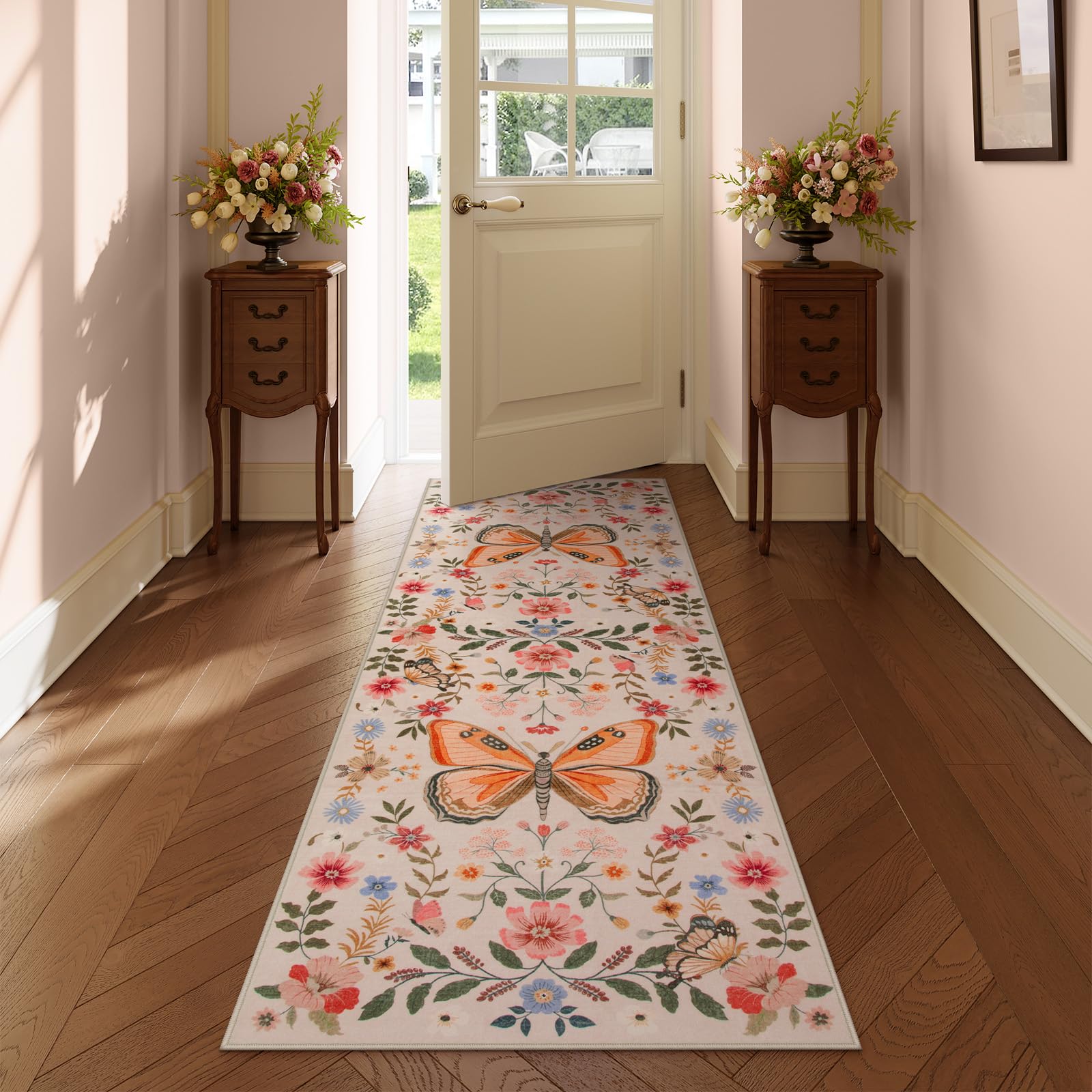 Lahome Butterfly Floral Kitchen Runner Rug for Hallway, 2x6 Ultra Thin Washable Runner Rug, Non Slip Boho Insect Carpet Runners Runners for Drom Bedsi