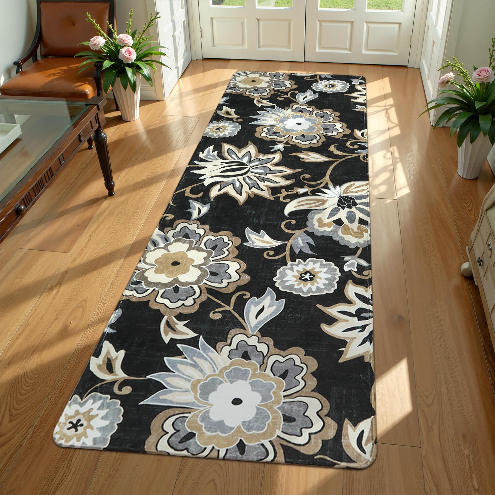 Lahome Floral Washable Runner Rug - 2x6 Runners for Hallways Non-Slip Low-Pile Kitchen Rug, Black Paisley Print Carpet for Laundry Bedroom Entryway �