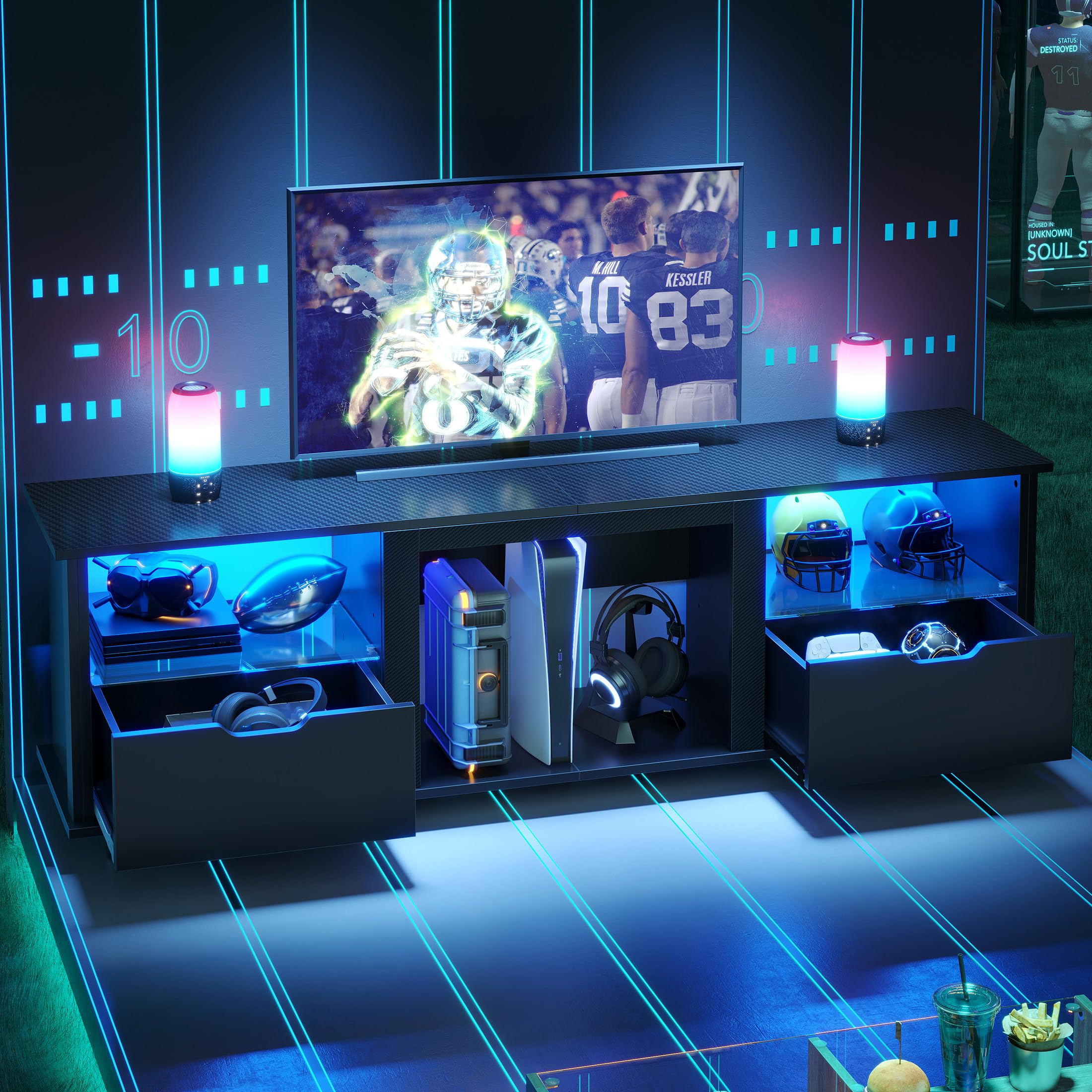 Bestier 70" Gaming Entertainment Center with Drawers, LED TV Stand for 75 Inch TV, TV Entertainment Stand for Living Room with Storage and Glass Shelv