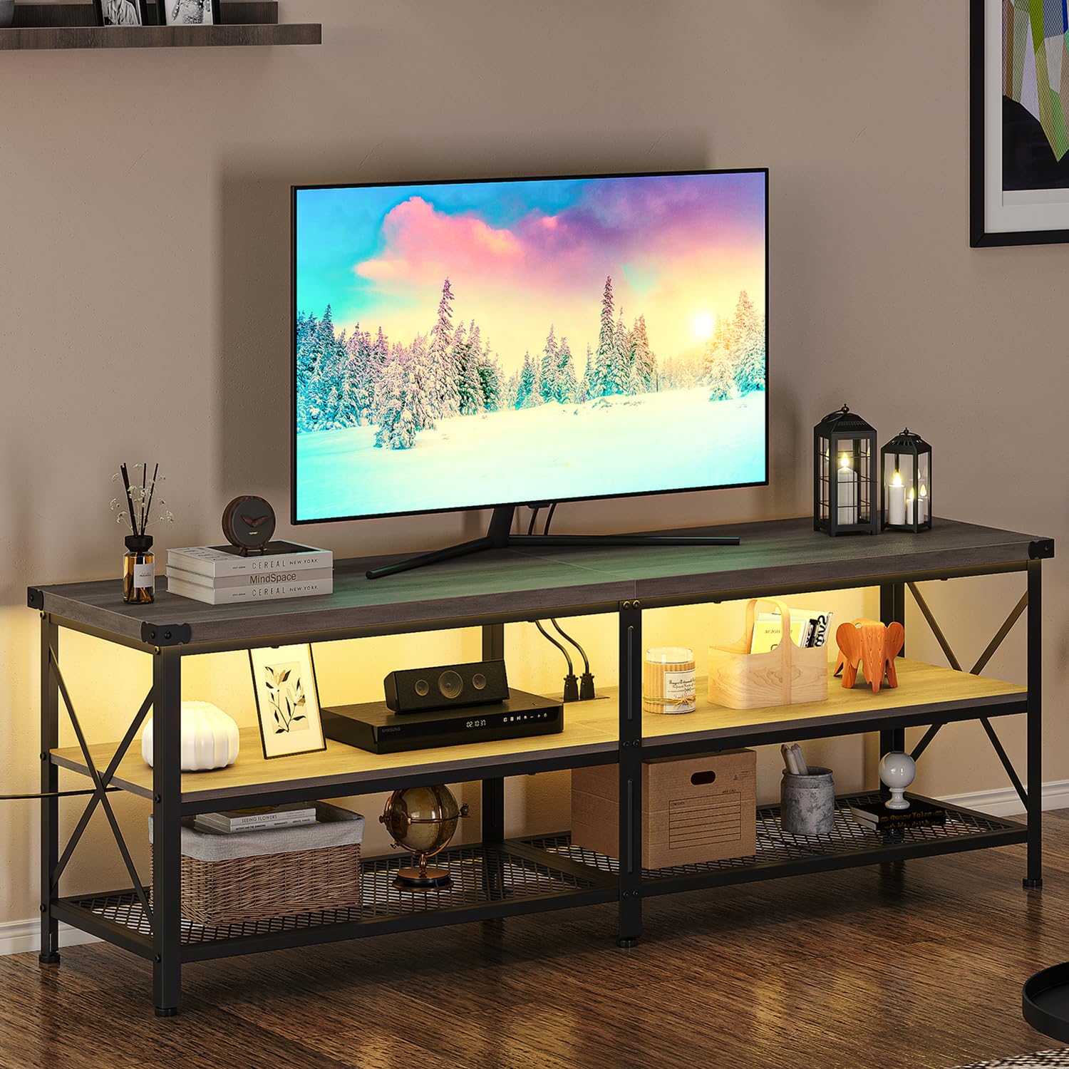 Garvee LED TV Stand, Entertainment Center for 70 inch TV Media Console Table, Gaming TV Stand with Storage Shelves and Power Outlets, Industrial TV Co