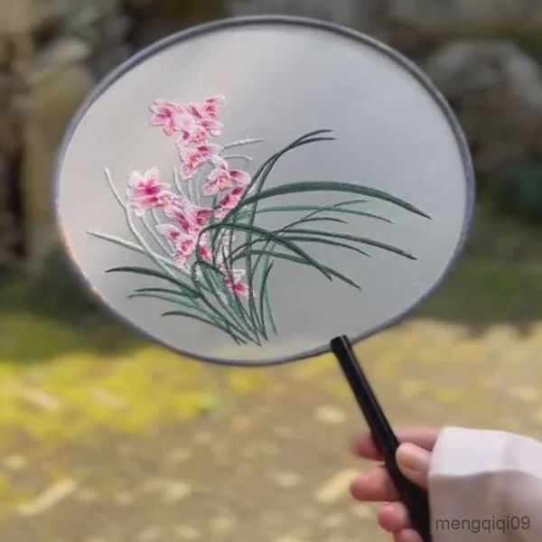 Chinese Style Products Embroidery Fan Antique Round Hand Hanfu Suit Fan Classical Vintage Dance Cheongsam Fan Classical Plants Flowers R2308