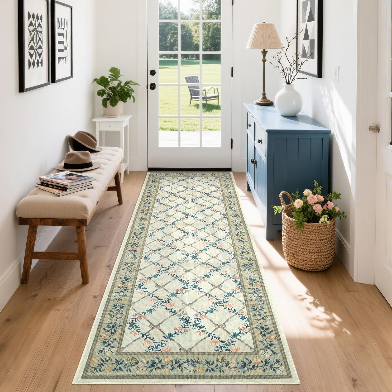 Garvee Kitchen Rugs 2x6 Runner Rug Washable Modern Floral Green Non Slip Stain Resistant Indoor Carpet Soft Floor Cover Ultra-Thin