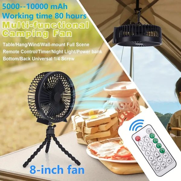 Camping Fan With LED Light,10000mAh Portable Rechargeable Tent Fan, 8&quot; Battery Powered Pedestal Desk Fan With Remote Control Timer Powe