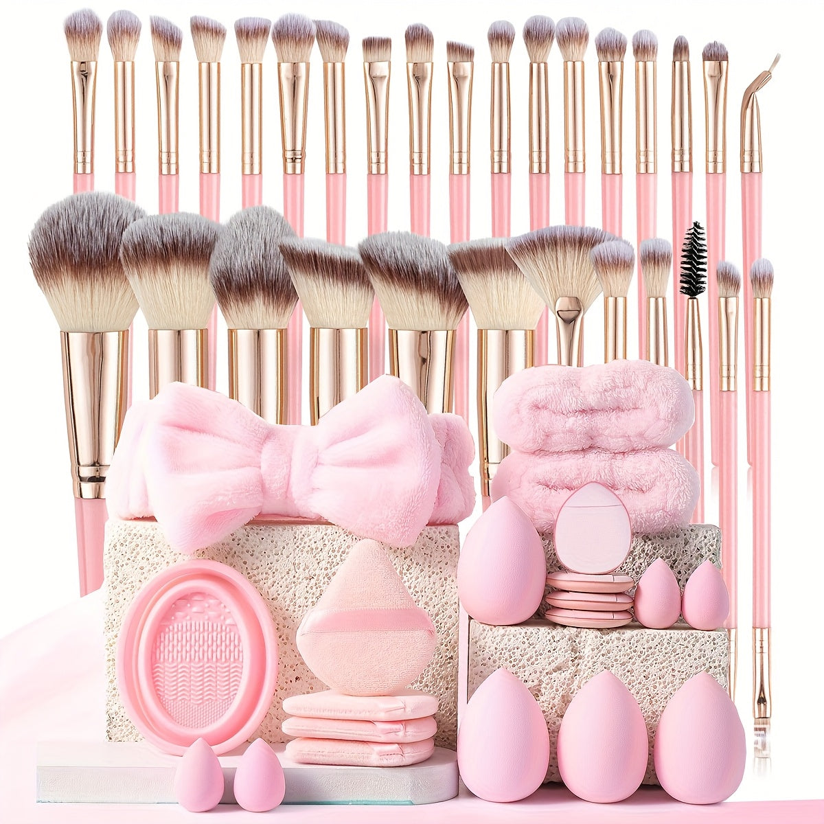 TEMU 50pcs Makeup Brush Set, 30 Pink Makeup Brushes, Makeup Sponge, Air Cushion Powder Puff, Thumb Sponge, Wash Bowl, Suitable As A Gift For Ladies