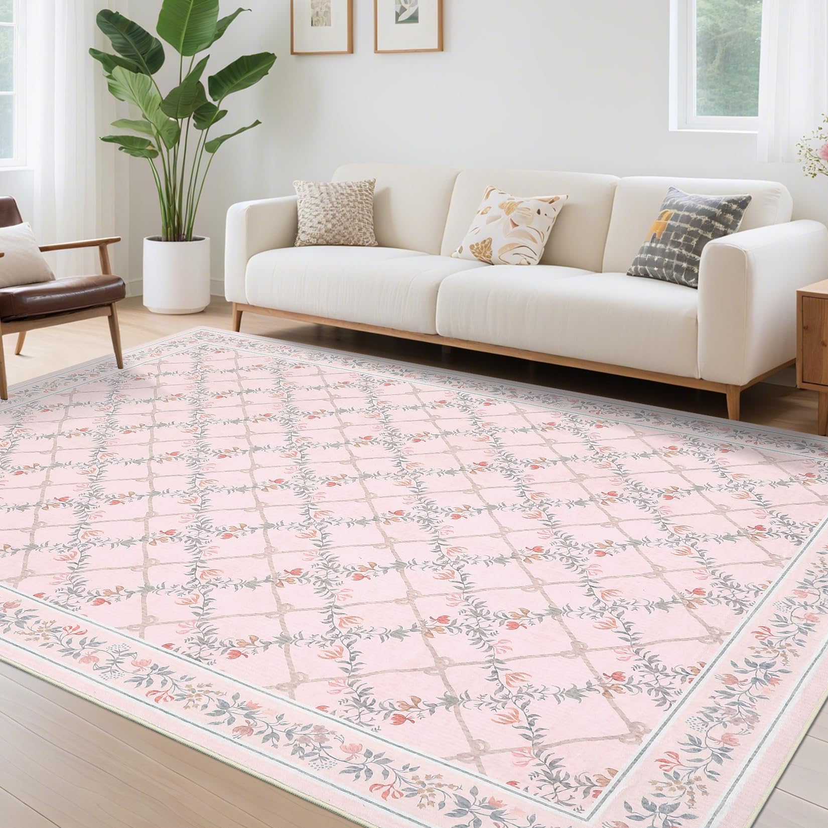 Garvee Living Room Rug 10x13 Washable Modern Floral Pink Rug Non-Slip Stain Resistant Soft Low Pile Carpet for Bedroom Nursery