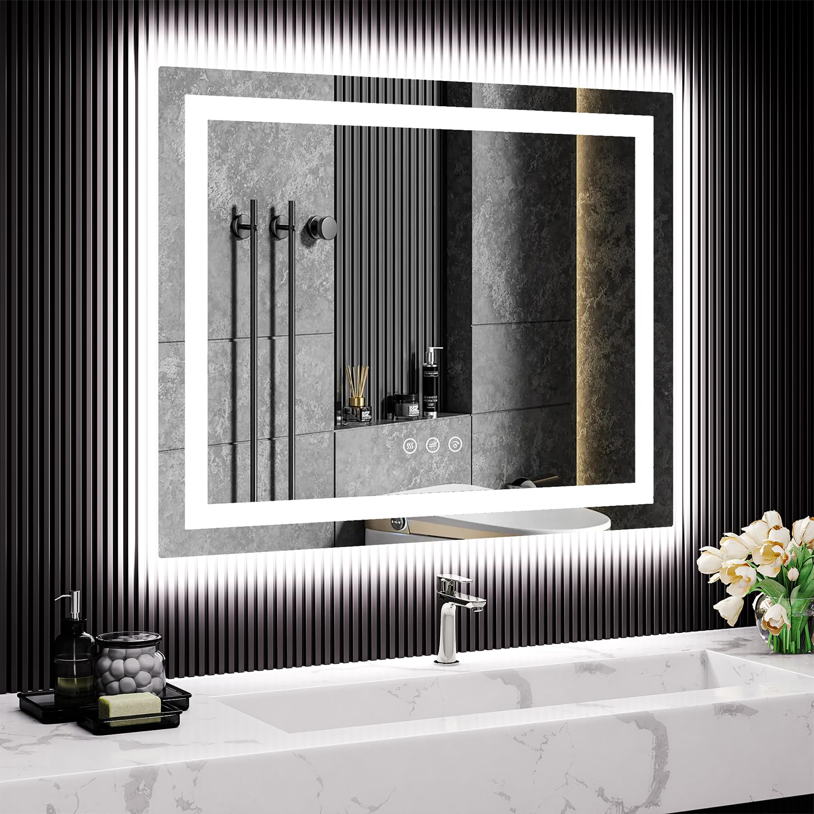 Garvee 40X32 inch LED Bathroom Mirror, Black Framed, Gradient Front & Backlit, 3 Colors Dimmable, Anti-Fog, Shatter-Proof, Memory Function, Easy Insta