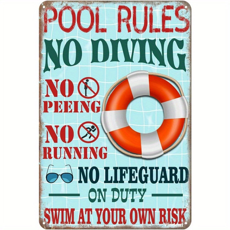 TEMU Funny 'pool Rules: No Diving, Peeing, Running, Lifeguard At Your Own ' Metal Sign - Vintage Outdoor Wall Art Decor For Pool, Cafe, Bar, 12x8
