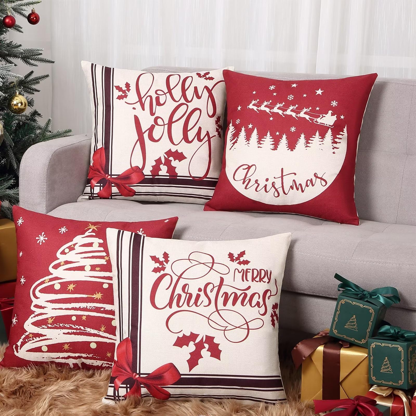 Garvee 4 Pack Christmas Decorative Pillow Covers 18x18 Inch Cushion Cases Holiday Winter Throw Pillow Covers Christams Tree Print Pillowcases for Couc
