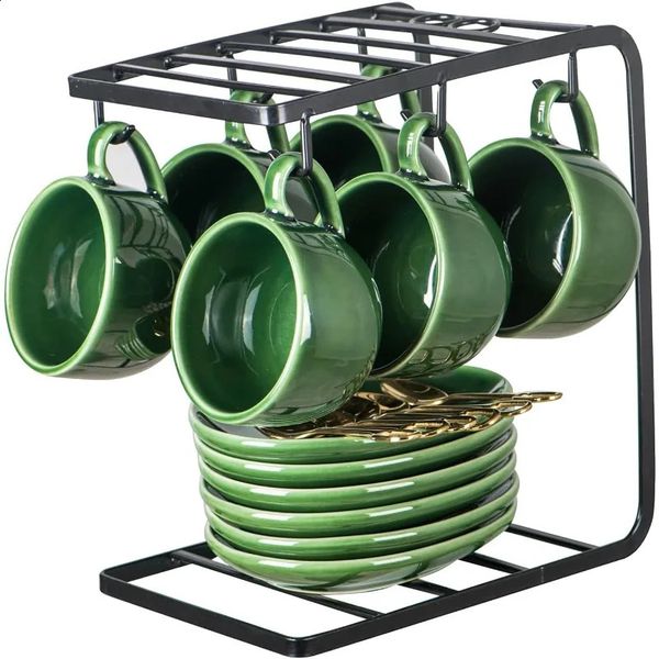 Ceramic Espresso Coffee Cups - 4 oz Porcelain Espresso Cups Set with Saucers Spoons and Metal Stand for Tea Cafe Cappuccino 240827