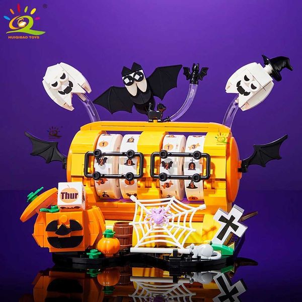 Blocks HUIQIBAO 6IN1 Halloween House Train Model Building Blocks City Pumpkin Ghost Car MOC Bricks Set Toys for Children Kids Gift Y240909NF
