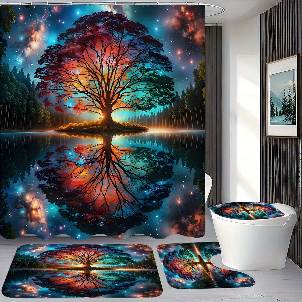TEMU 1-4pcs , Tree Of Shower Curtain Set, With 12 Hooks Barrier Shower Curtain, Non Slip Floor Mat, Toilet U-shaped Mat, Toilet Lid Mat, Bedroom
