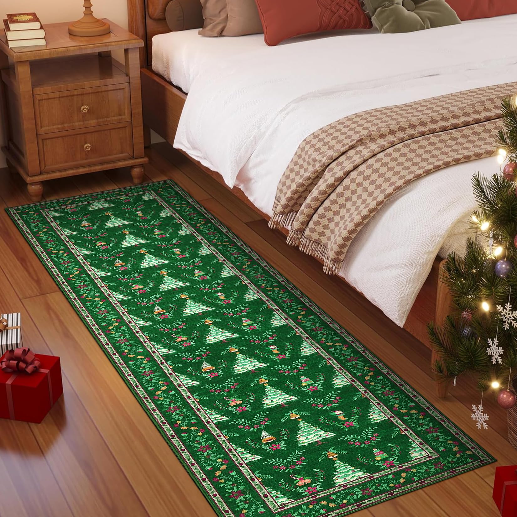 Garvee Christmas Tree Printed Floor Mat Green Indoor Machine Washable Soft Thin Area Rug 2x8ft