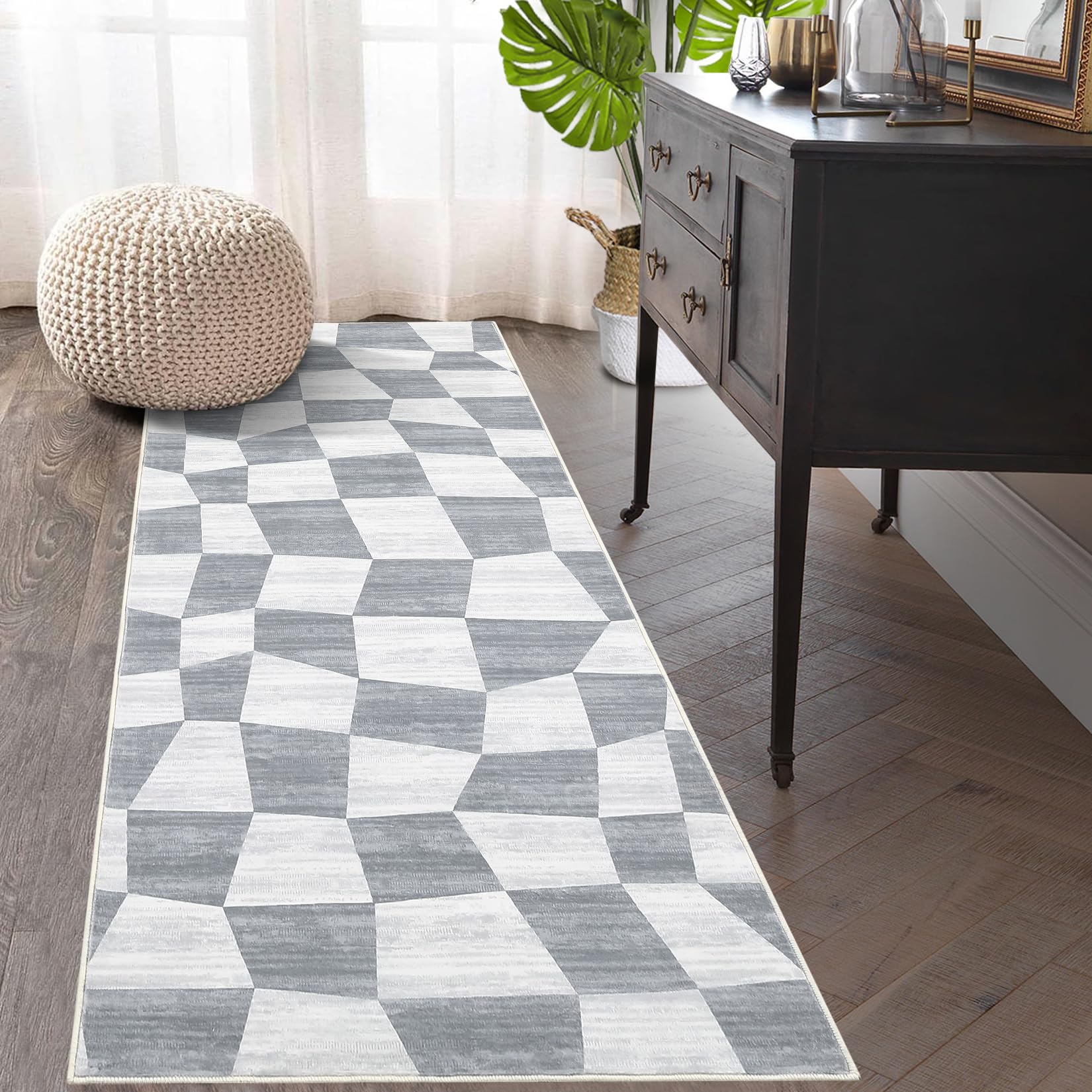 Garvee Checkered Hallway Runner Rug 2x6ft Washable Non Slip Plaid Modern Kitchen Floor Mat Stain Resistant Soft Indoor Throw Covers for Entryway Bedsi